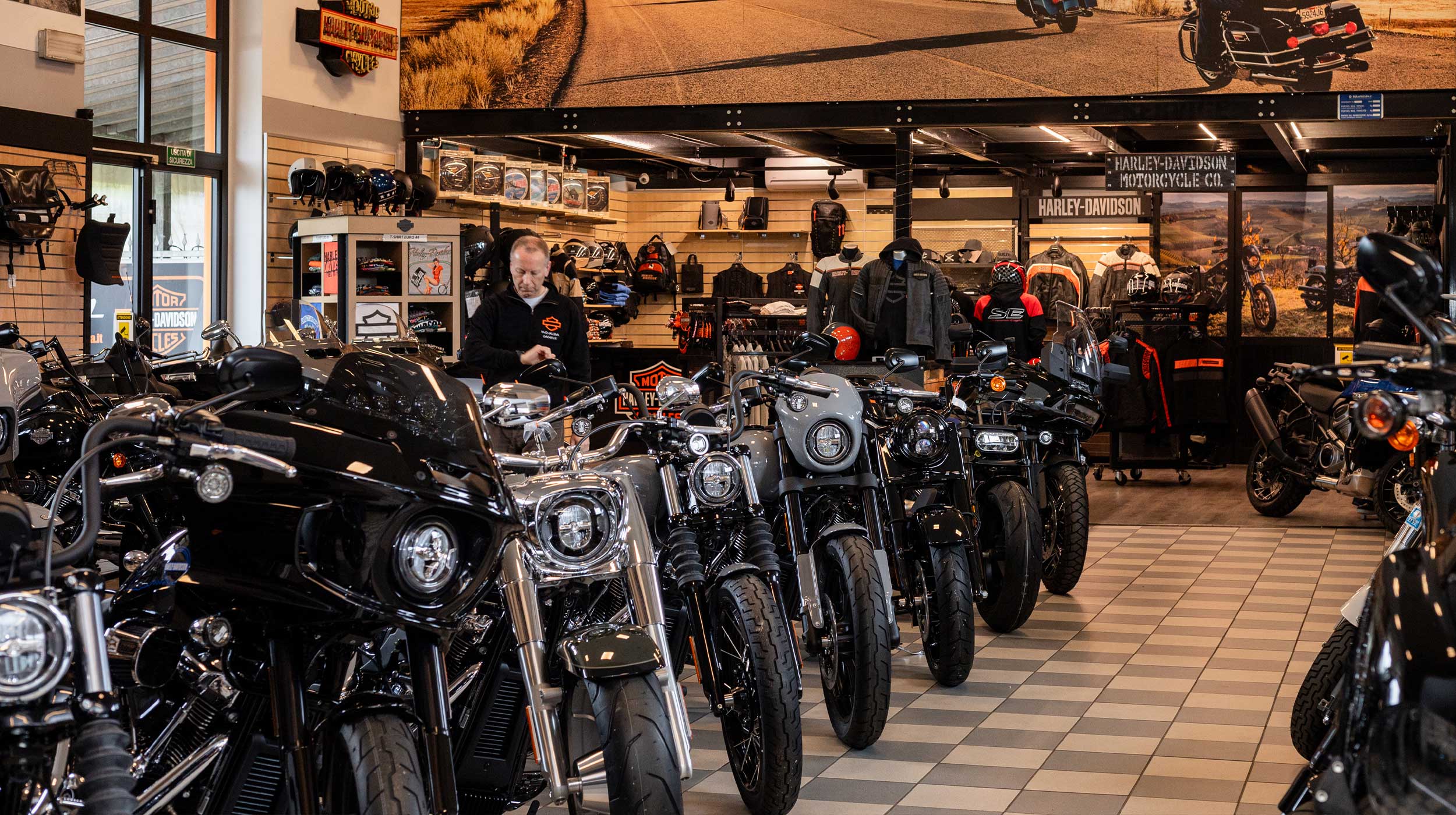 Showroom Harley-Davidson Alba: moto, abbigliamento e accessori. Interno di una concessionaria Harley-Davidson con una fila di motociclette in esposizione, un addetto e scaffali di abbigliamento e accessori.