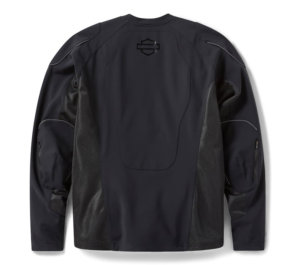Abbigliamento tecnico moto Harley-Davidson Retro maglia tecnica nera Harley-Davidson con logo scudo e barra, pannelli in mesh traspiranti, cuciture ergonomiche e tasche con zip sulle maniche.