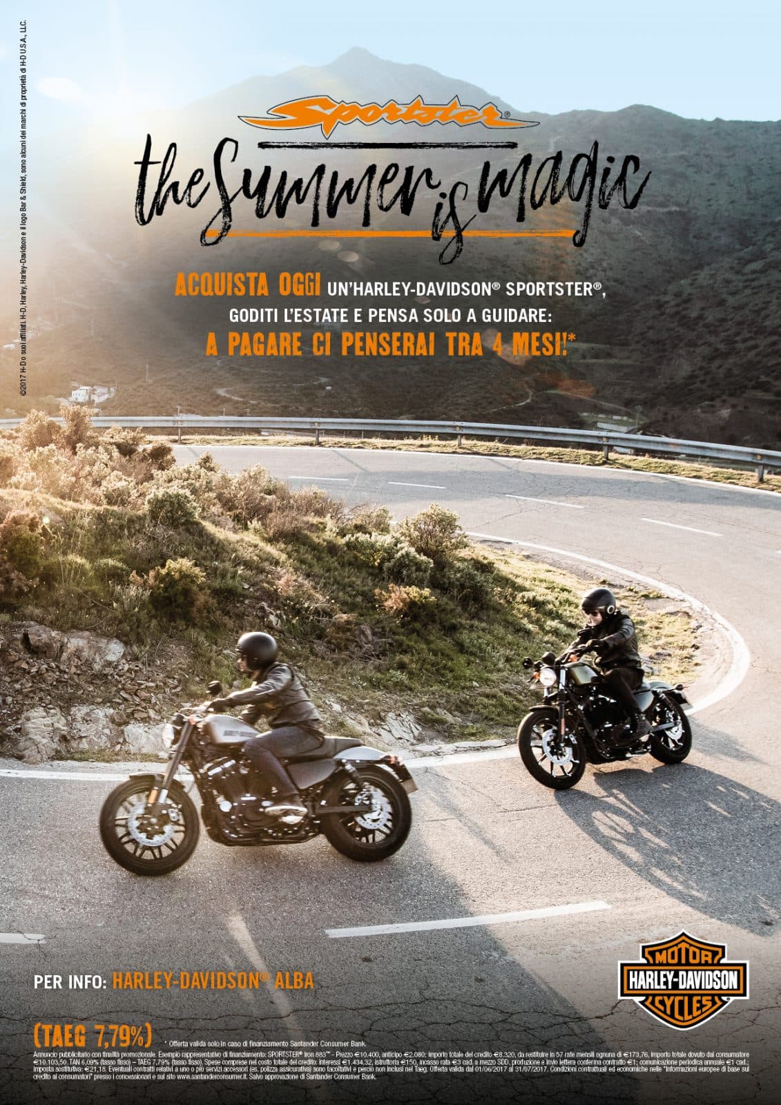 1500475561HDalba_Sportster4mesi_Adv_A4 Promozione Harley-Davidson Sportster: due moto in curva su strada di montagna, offerta finanziamento con pagamento differito di 4 mesi. Concessionaria Alba.