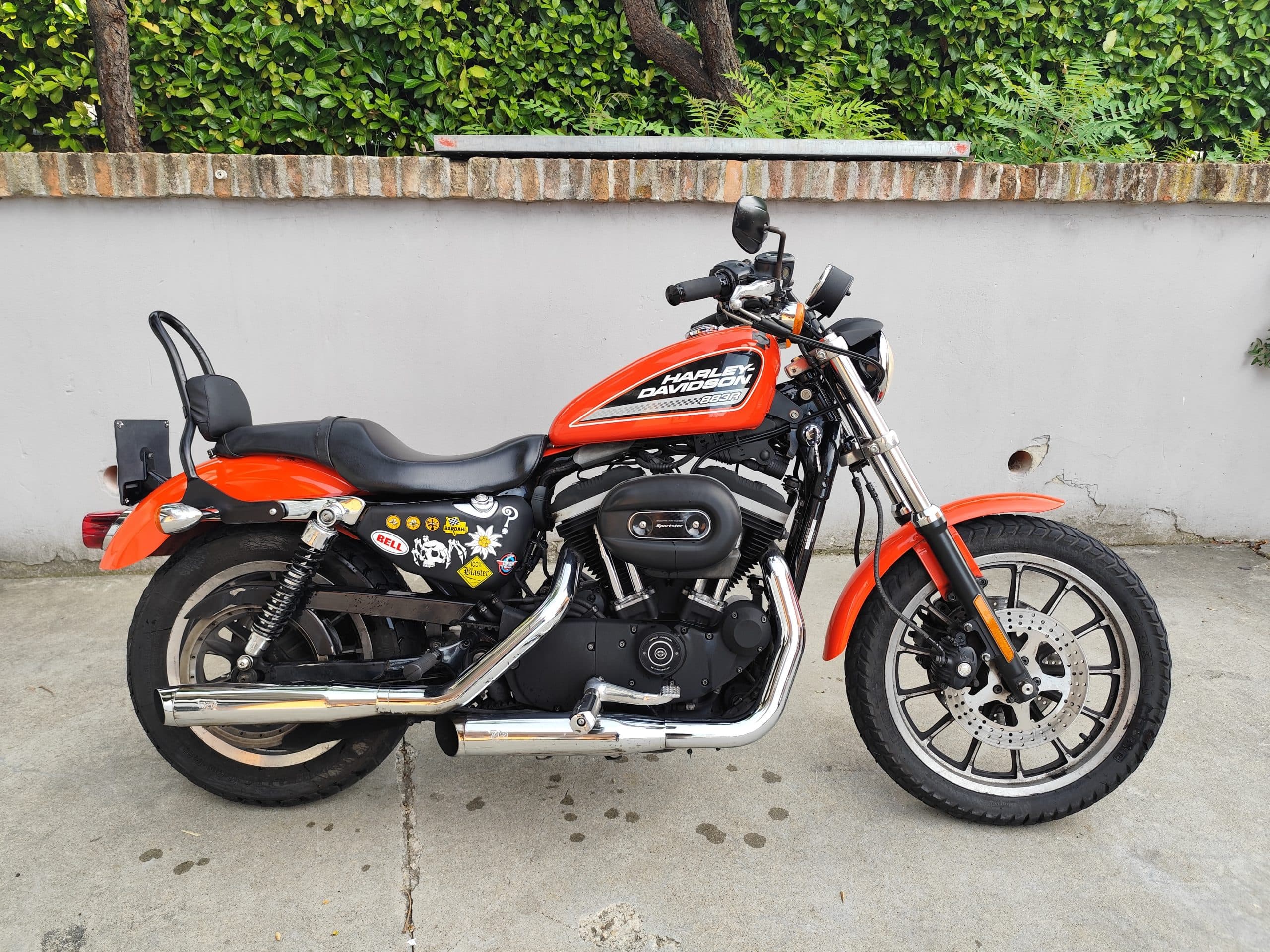 1753969636795-scaled Harley-Davidson Sportster 883R arancione con sissy bar, scarichi cromati e adesivi custom sul carter batteria, parcheggiata.