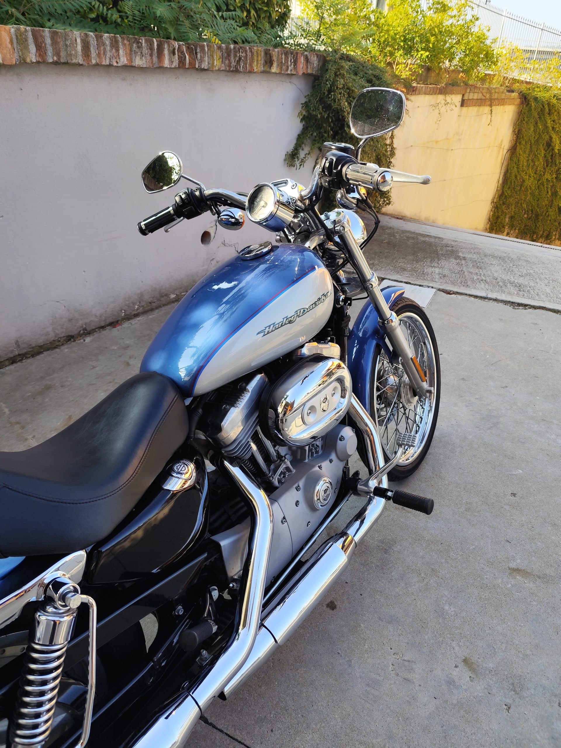 1758557801374.jpg Motocicletta Harley-Davidson Sportster con serbatoio bicolore blu e argento, motore V-twin e dettagli cromati lucidi, parcheggiata all'aperto.