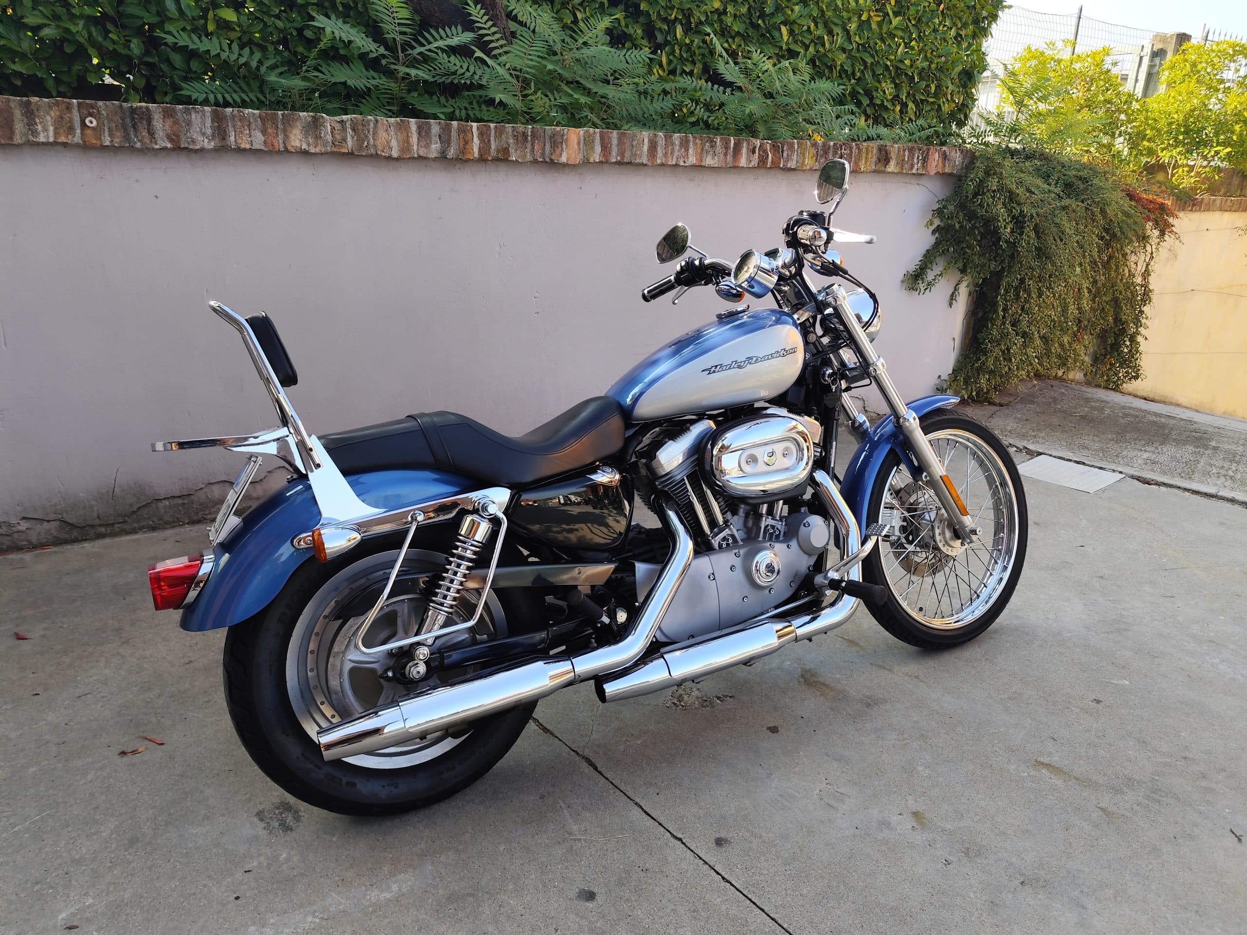 1758557801479.jpg Harley-Davidson Sportster blu e argento, con motore V-Twin, cromature brillanti, sella biposto e schienalino, su pavimentazione esterna.