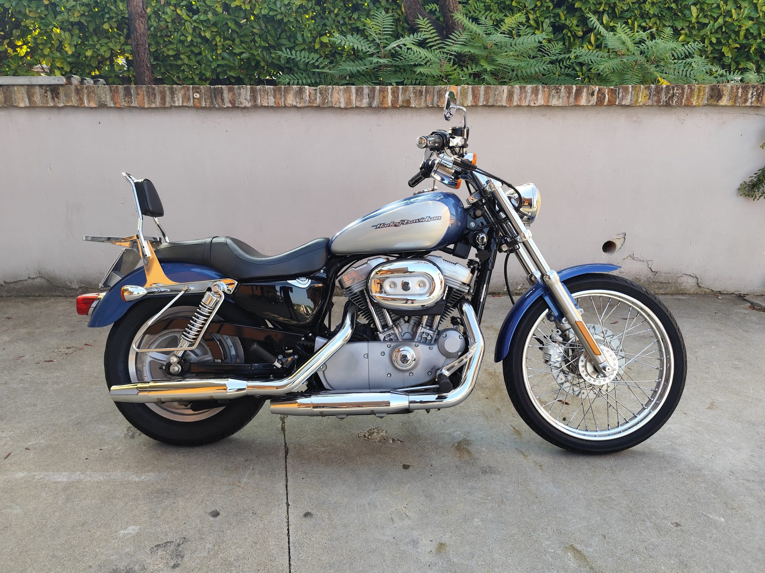 1758557801535-scaled Harley-Davidson Sportster blu e argento parcheggiata, con motore bicilindrico, scarichi cromati e sissy bar. Ideale per test ride.