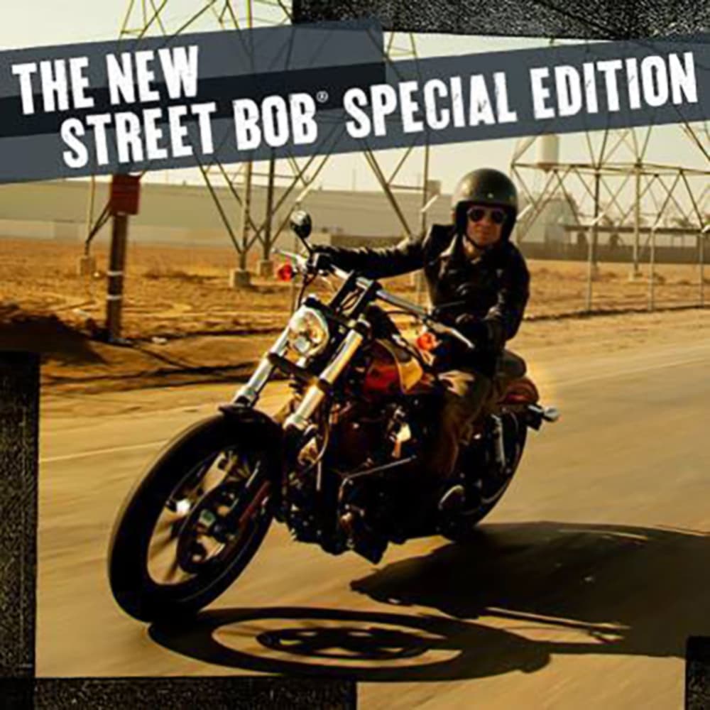 923169_487193764719087_571648440_nok.jpg Harley-Davidson Street Bob Special Edition, nuova moto in movimento con pilota. Promozione per test ride e abbigliamento.