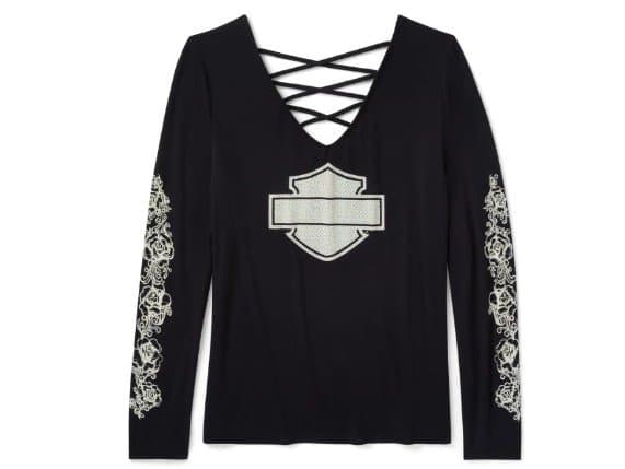 96644-25vw Maglia nera a maniche lunghe da donna Harley-Davidson con scollo a V, dettaglio incrociato sulla schiena, logo scudo con paillettes e ricami floreali sulle maniche.