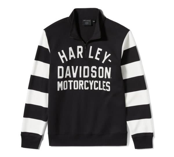 96717-25VM Felpa Harley-Davidson nera con zip corta, maniche a righe orizzontali bianche e logo Harley-Davidson Motorcycles stampato.