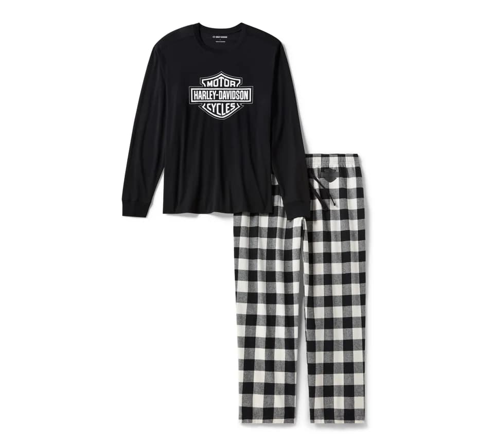 96791-25VM Set pigiama Harley-Davidson nero con maglia a maniche lunghe e pantaloni a quadri bianchi e neri.