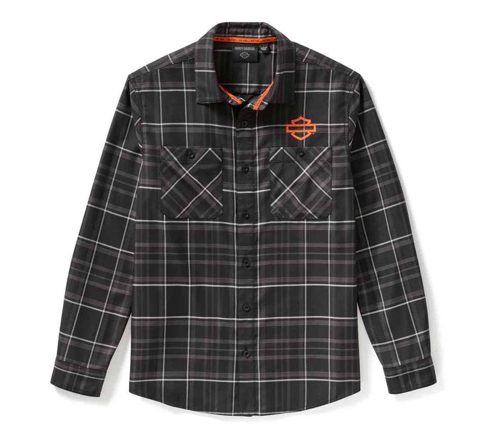 96810-25VM Camicia a quadri Harley-Davidson nera e grigia, maniche lunghe, con logo Bar & Shield arancione sul petto. Abbigliamento casual.
