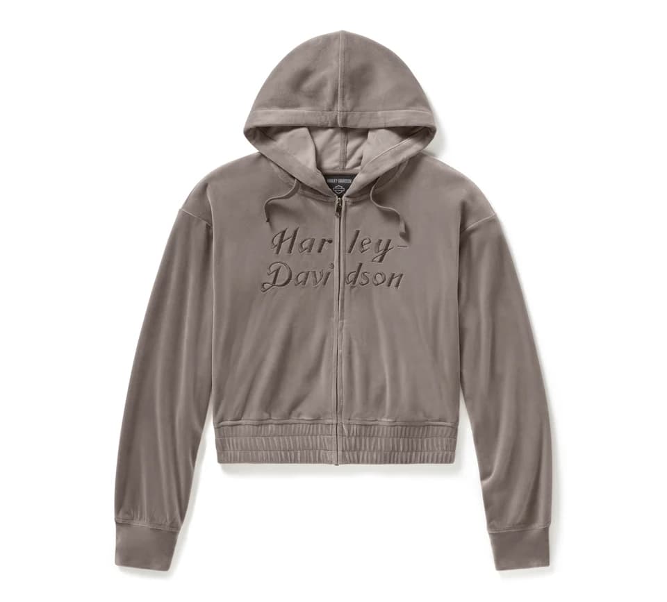 96820-25VW Felpa con cappuccio Harley-Davidson in velour grigio-tortora con zip frontale e logo ricamato in rilievo sul petto.