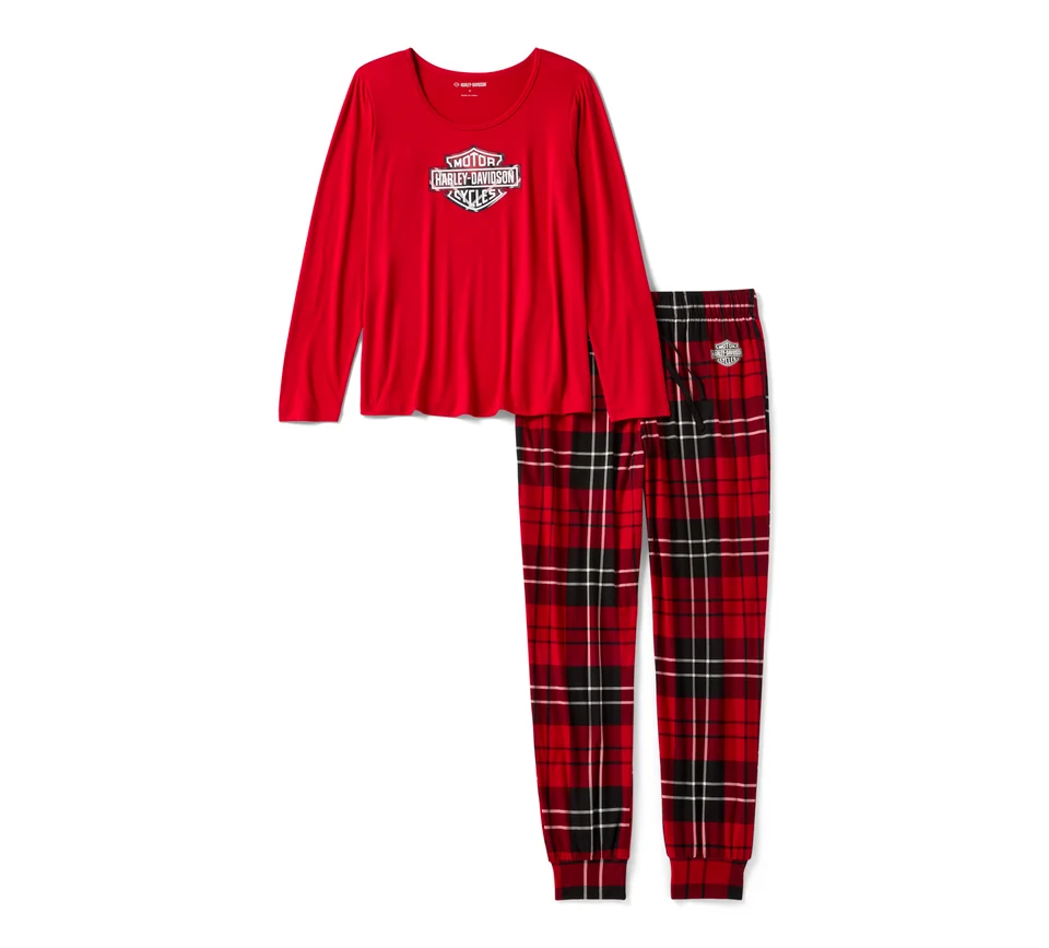 96824-25VW Pigiama donna Harley-Davidson rosso: maglia a maniche lunghe con logo scudo e pantaloni tartan scozzese rossi con logo.