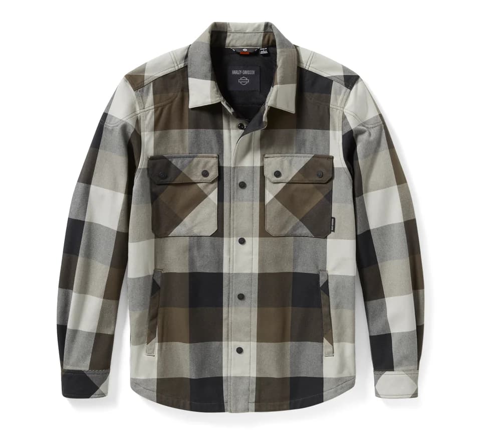97170-25VM Camicia-giacca a quadri Harley-Davidson da uomo in flanella, colori marrone, nero, grigio e bianco sporco, con tasche sul petto e laterali.