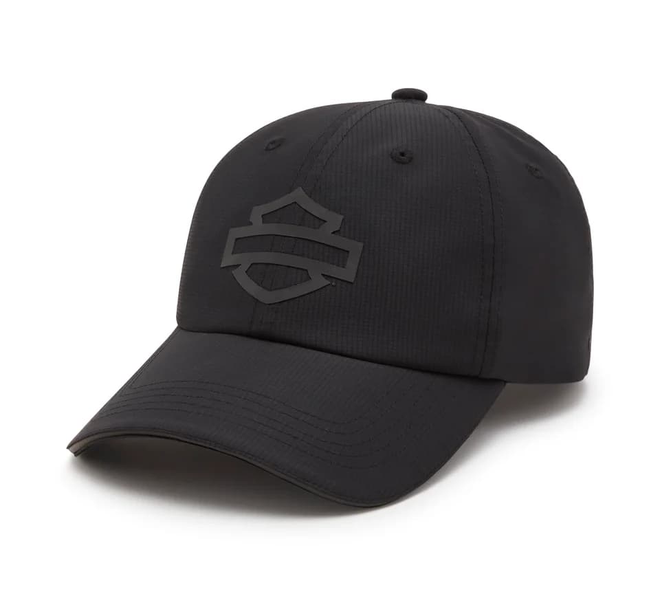 97689-25RM Cappellino da baseball nero Harley-Davidson con logo Bar & Shield in rilievo tono su tono. Tessuto tecnico a coste, ideale per abbigliamento moto.
