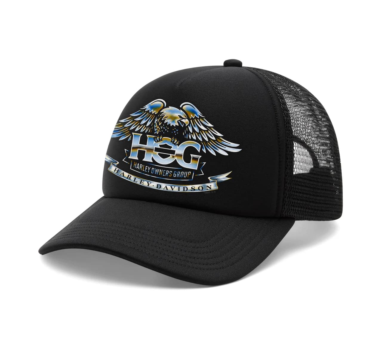 97800-25VX Cappellino trucker nero Harley-Davidson con logo HOG (Harley Owners Group) raffigurante un'aquila e scritte colorate.