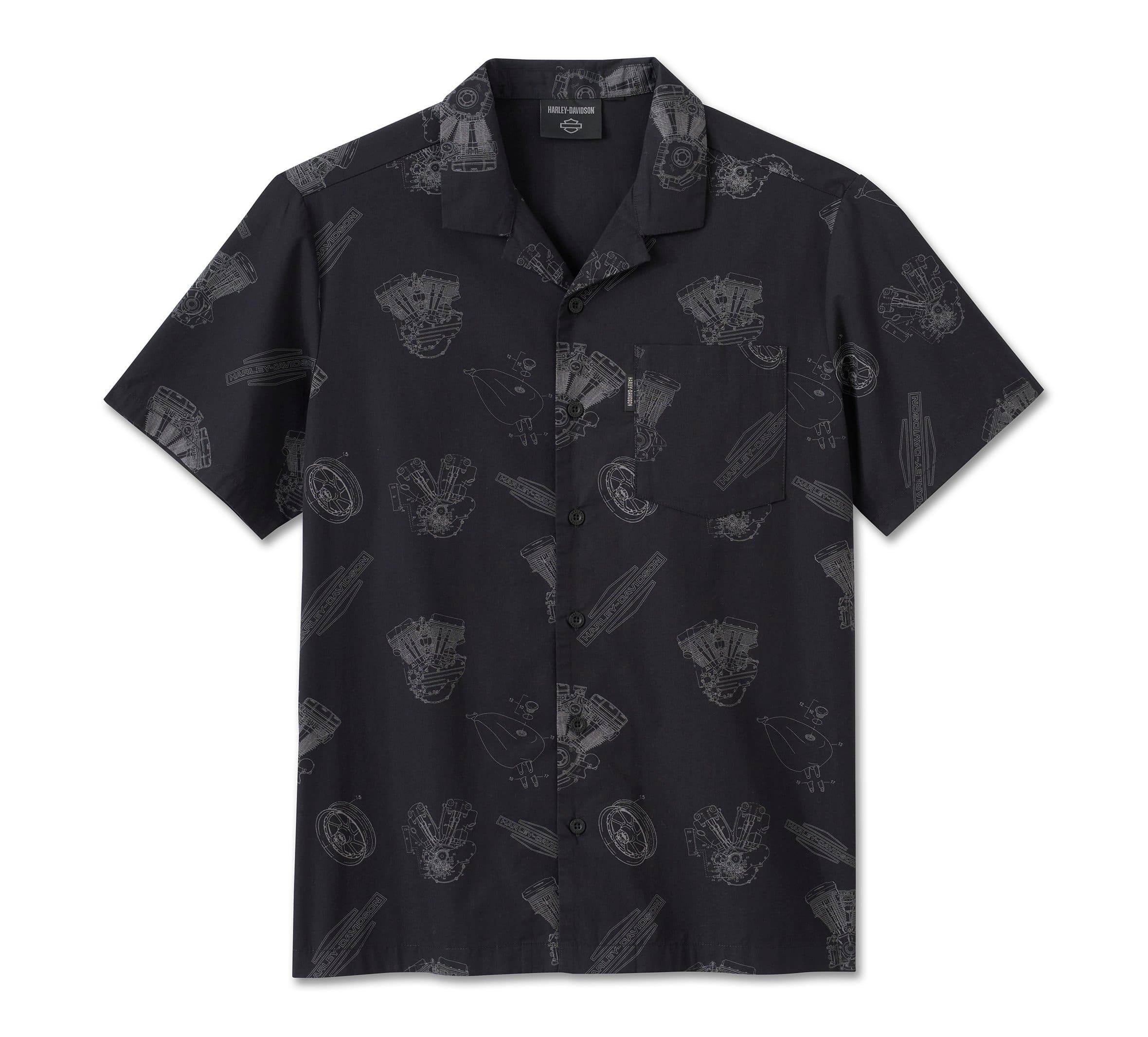 2024 Fall GM Tabletop Camicia nera Harley-Davidson a maniche corte con colletto camp, decorata con stampe blueprint di motori V-Twin, ruote e logo.