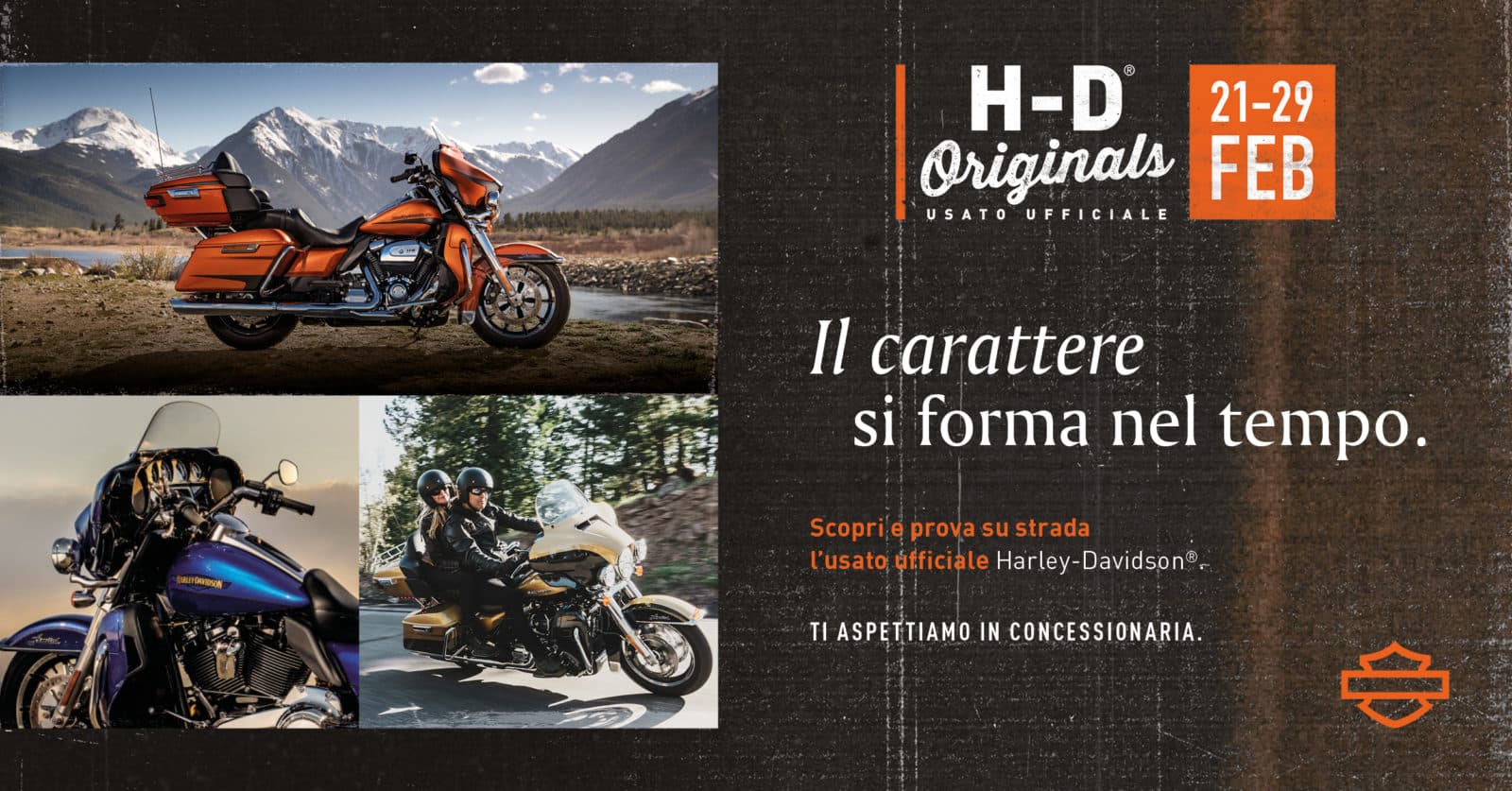 FB__Originals_Post_Touring.jpg Promozione Harley-Davidson Originals Usato Ufficiale 21-29 FEB. Tre moto Harley-Davidson touring in azione e statiche. Invito a test ride l'usato certificato in concessionaria.