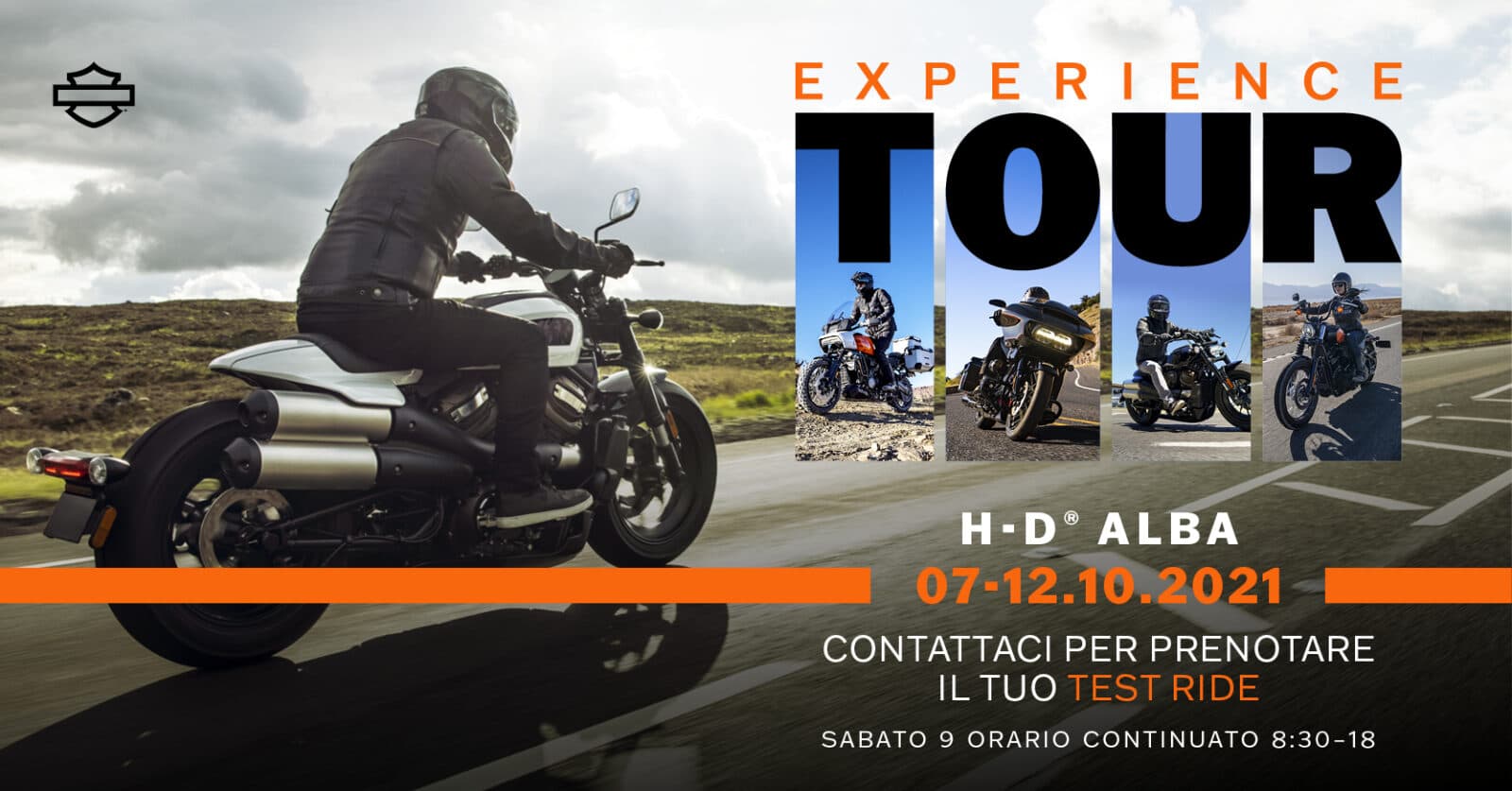 HDalba_ExperienceTour_postFB.jpg Annuncio Harley-Davidson Experience Tour Alba: motociclista su moto, con vari modelli in evidenza per test ride dal 07 al 12.10.2021.