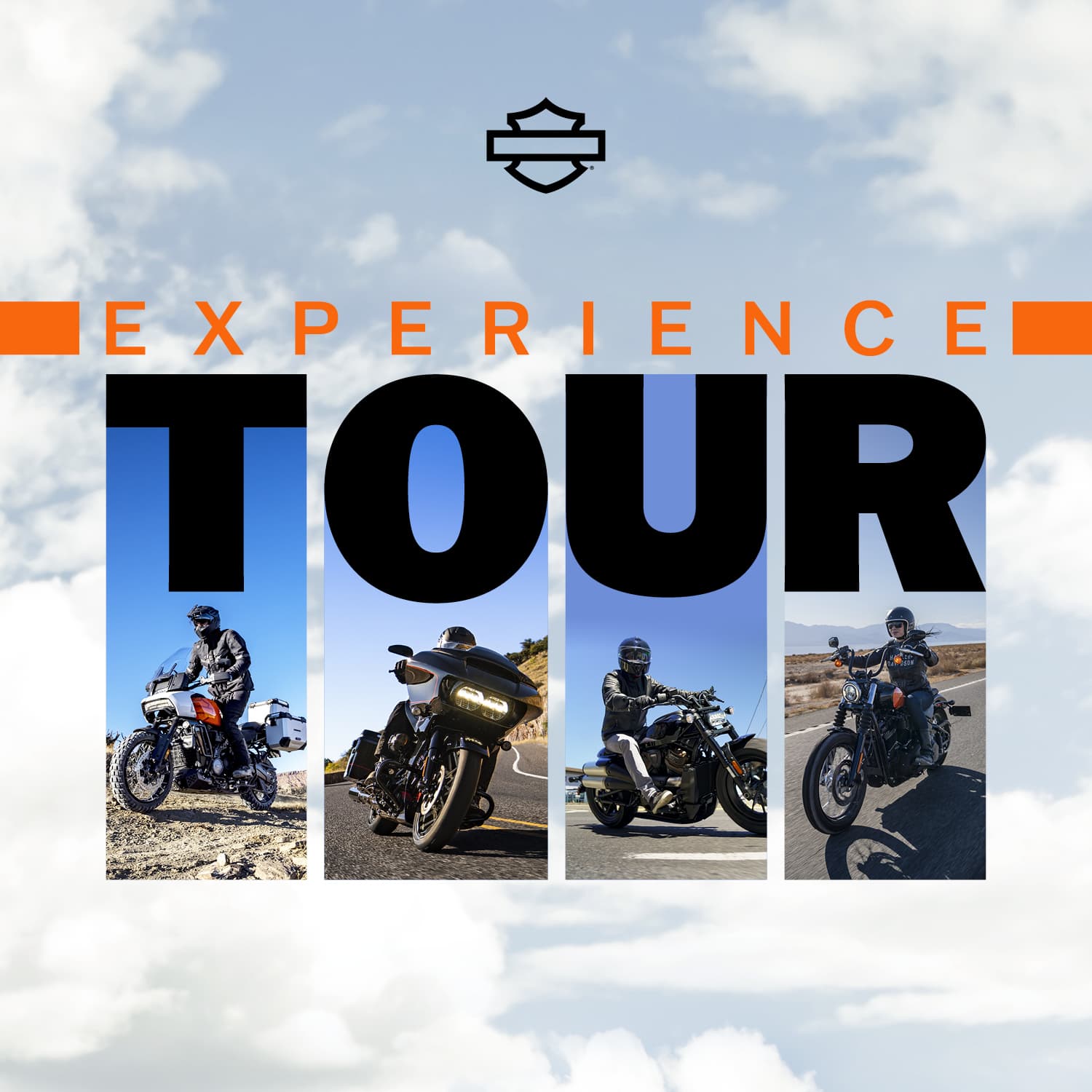 HDalba_ExperienceTour_postIG_01.jpg Harley-Davidson Experience Tour con quattro moto in azione: Pan America, touring e cruiser. Invito a scoprire i modelli e prenotare un test ride.