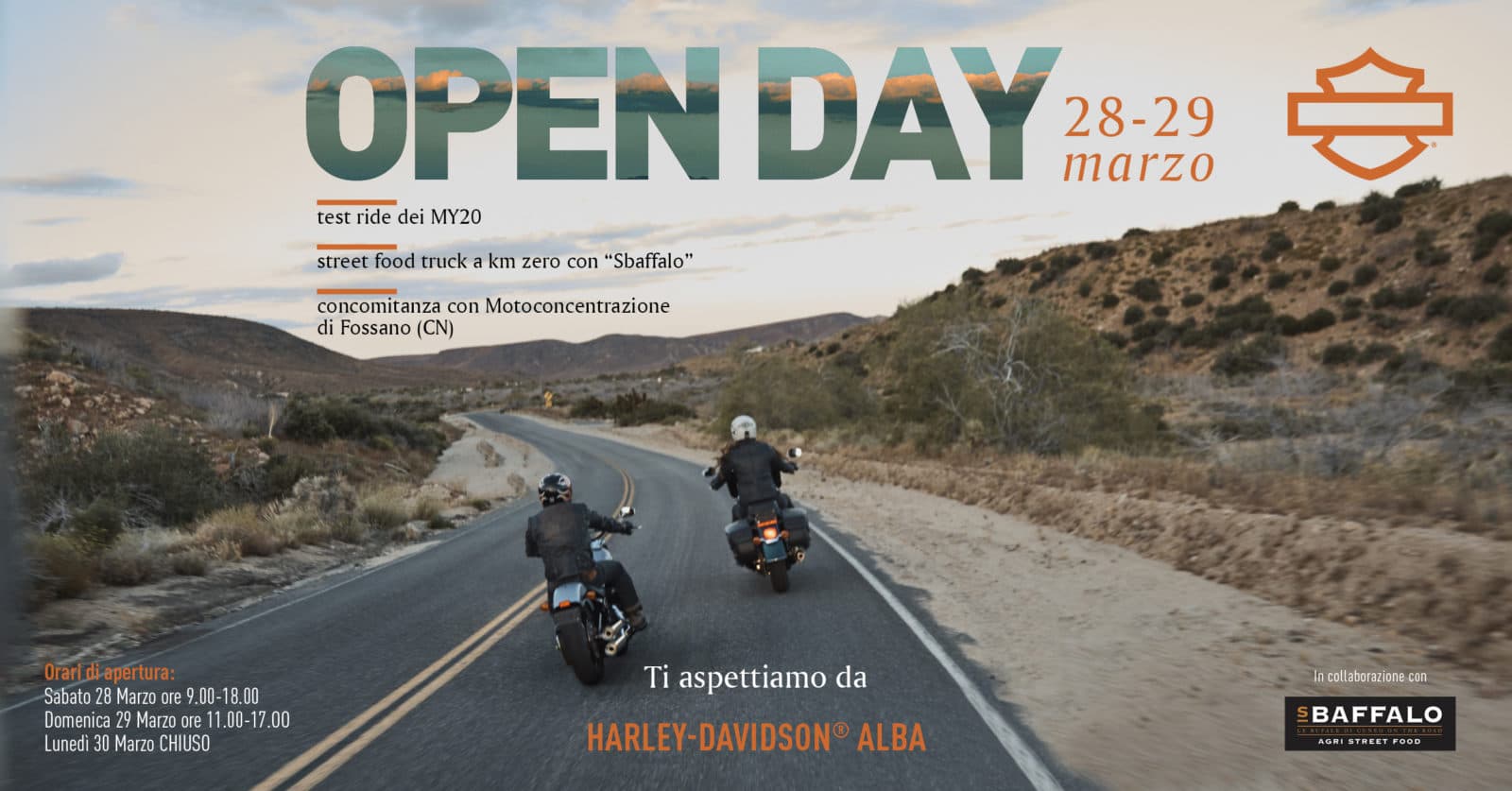 HDalba_OpenDay_post1200x628.jpg Promozione Open Day Harley-Davidson Alba 28-29 marzo. Due moto su strada desertica. Offerta test ride MY20, street food Sbuffalo, Motoconcentrazione Fossano.
