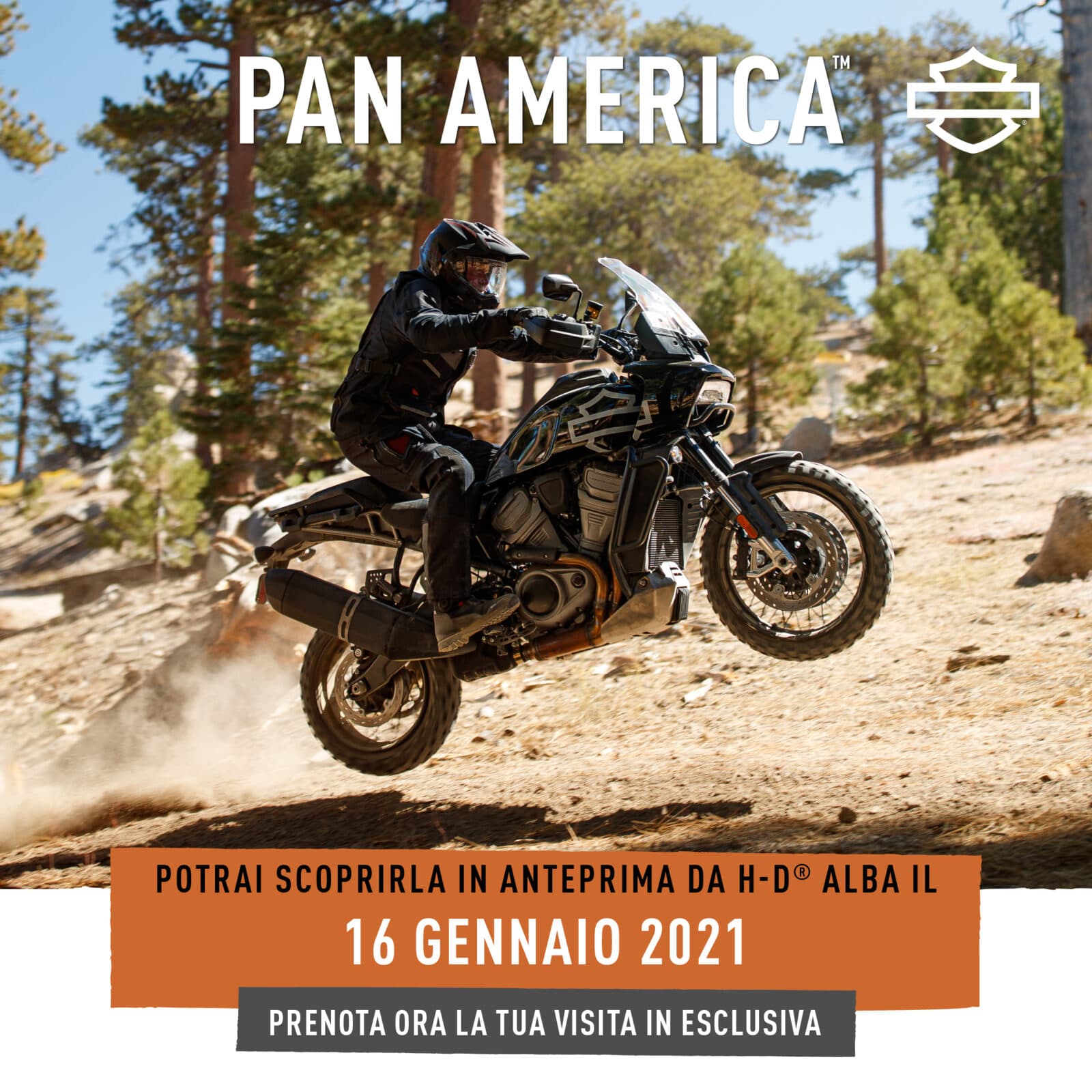 HDalba_PanAmerica_POST_social_01.jpg Harley-Davidson Pan America, moto adventure, in salto su sterrato con pilota in abbigliamento tecnico. Anteprima H-D Alba 16 gennaio 2021.