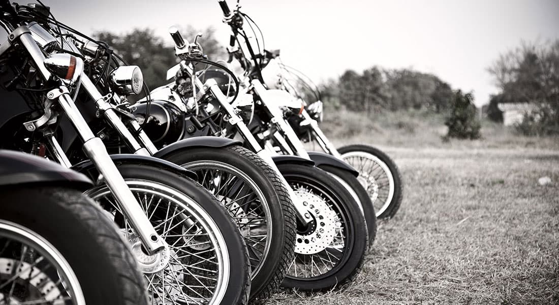 Harley-Davidson-storia Dettaglio ravvicinato di una fila di moto Harley-Davidson parcheggiate su un prato, mostrando ruote a raggi, forcelle cromate e manubri.