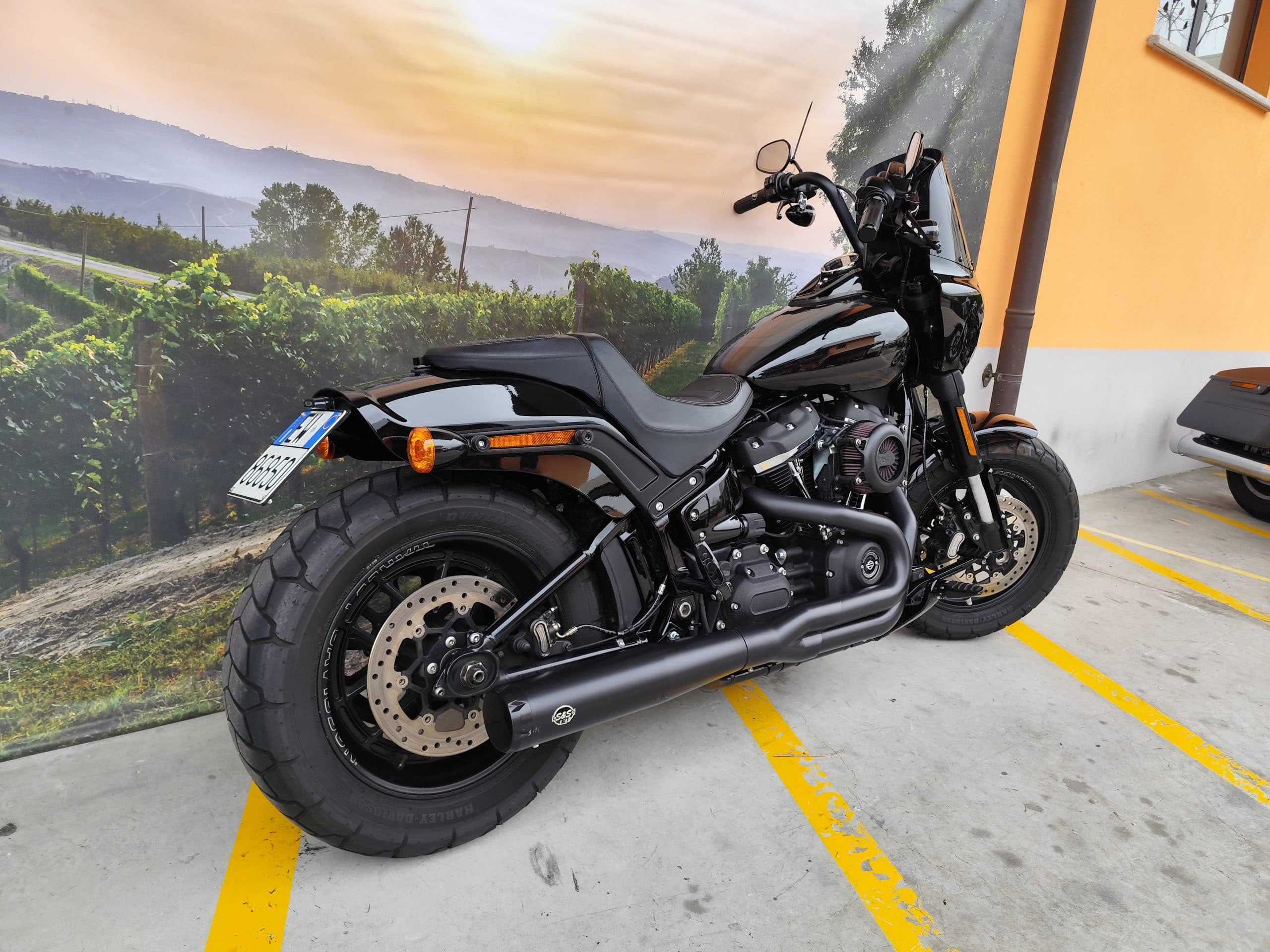 IMG_20260303_084415.jpg Harley-Davidson Fat Bob nera con pneumatici larghi e scarico S&S, parcheggiata su sfondo murale di vigneti e cielo al tramonto. Targa italiana.