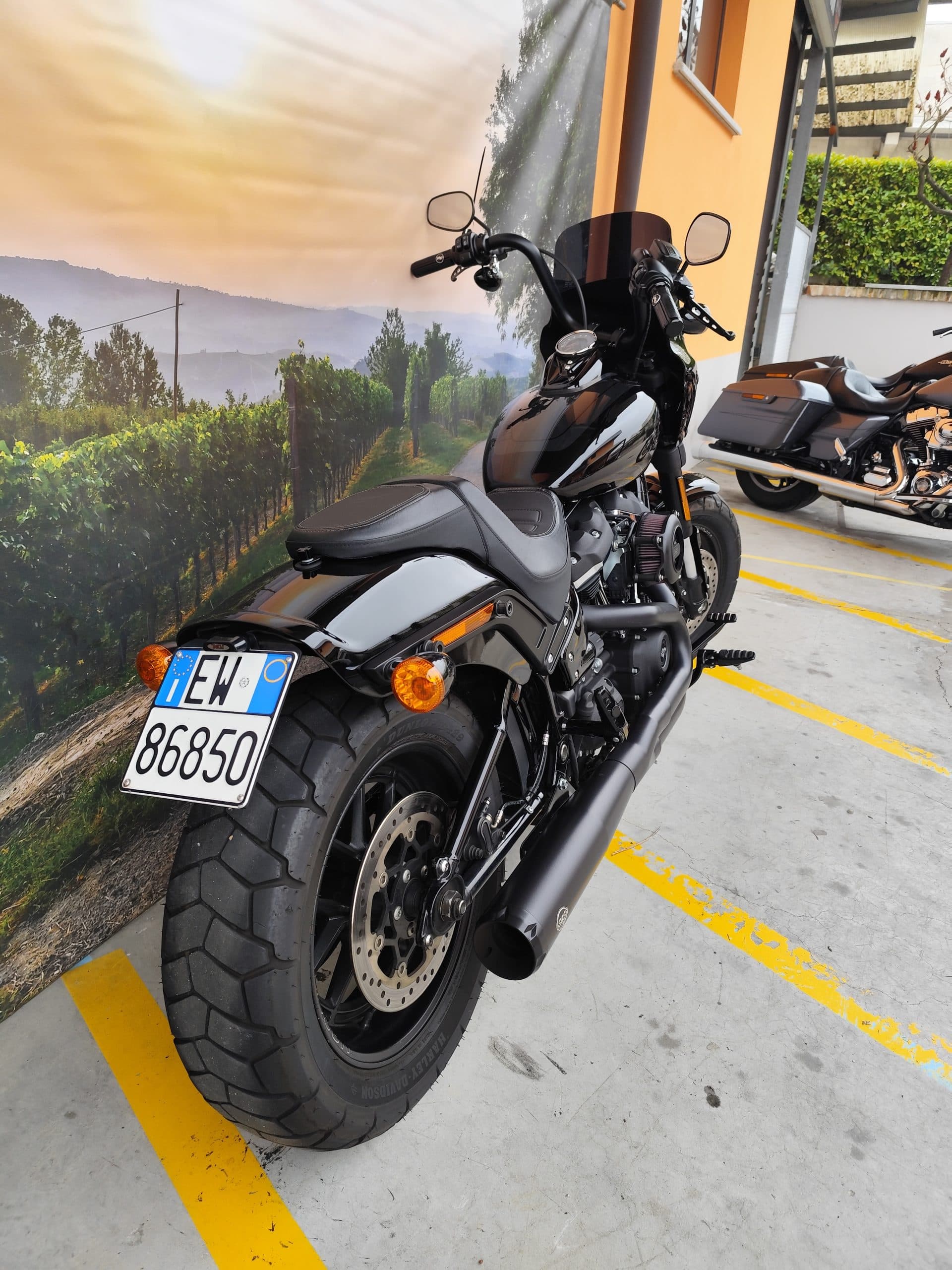 IMG_20260303_084418.jpg Harley-Davidson nera, modello Softail, con targa EW 86850 e scarico custom, parcheggiata in concessionaria con sfondo paesaggio vitivinicolo.