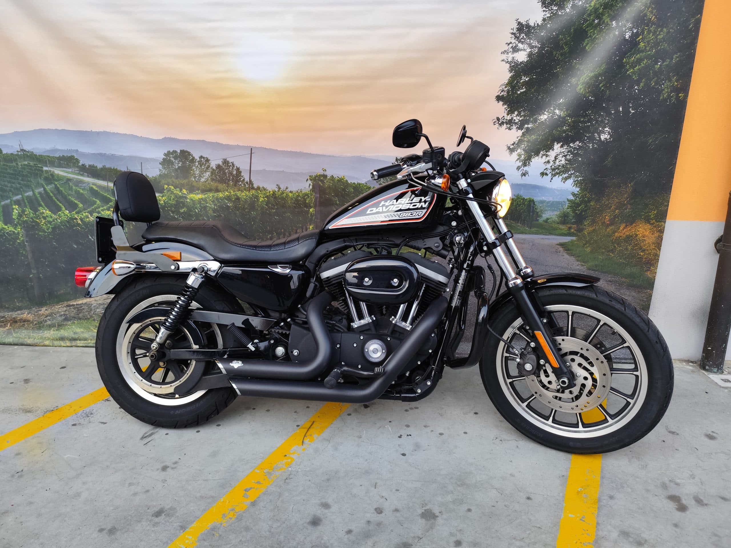 IMG_20260303_180107.jpg Harley-Davidson Sportster 883R nera parcheggiata su sfondo panoramico con vigneti. Dettagli motore, scarichi e ruote in evidenza. Ideale per test ride.