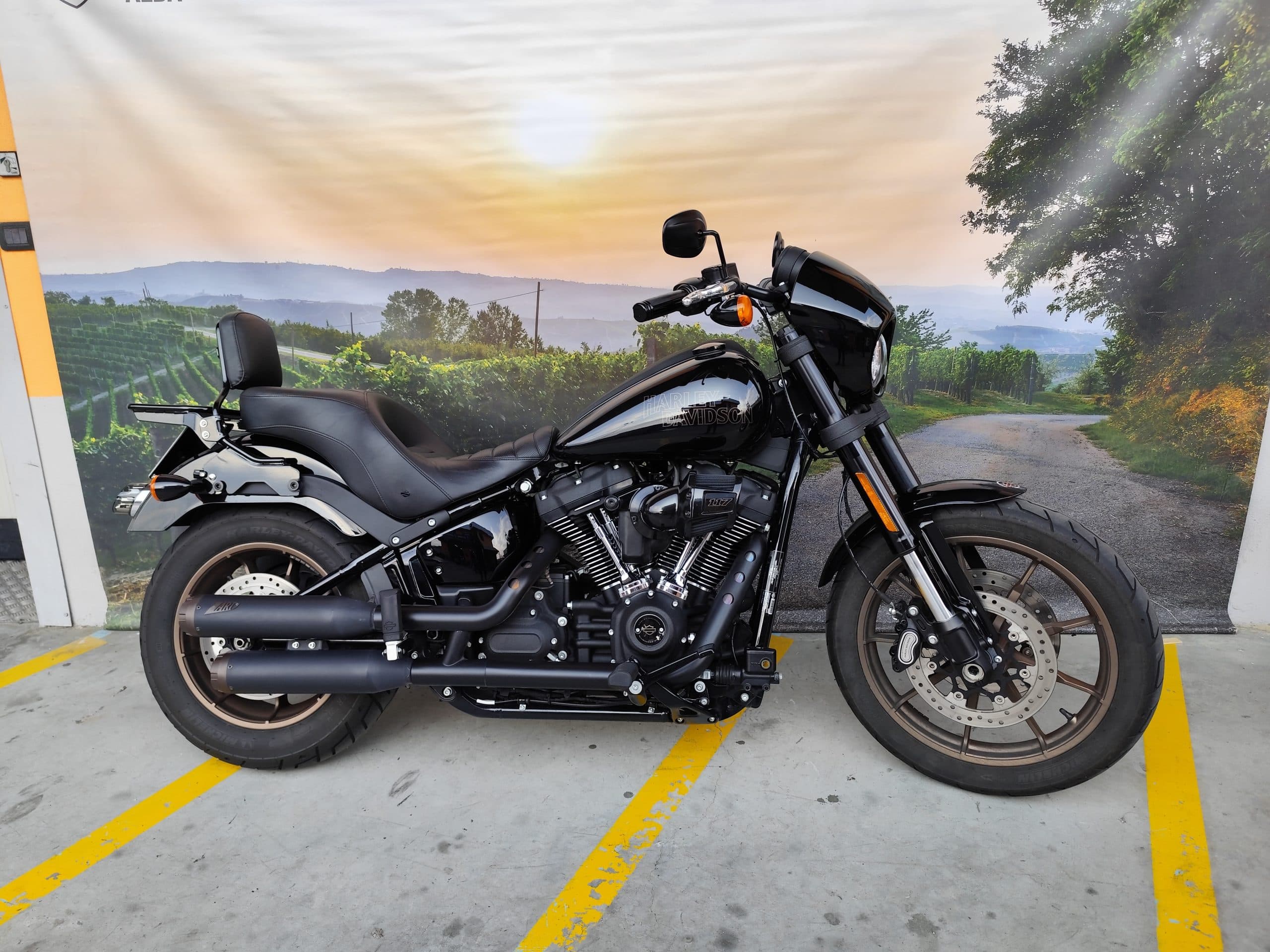 IMG_20260309_165634-scaled Harley-Davidson nera, modello cruiser con motore Milwaukee-Eight 117 e cerchi bronzo, esposta su sfondo panoramico di vigneti. Ideale per test ride.