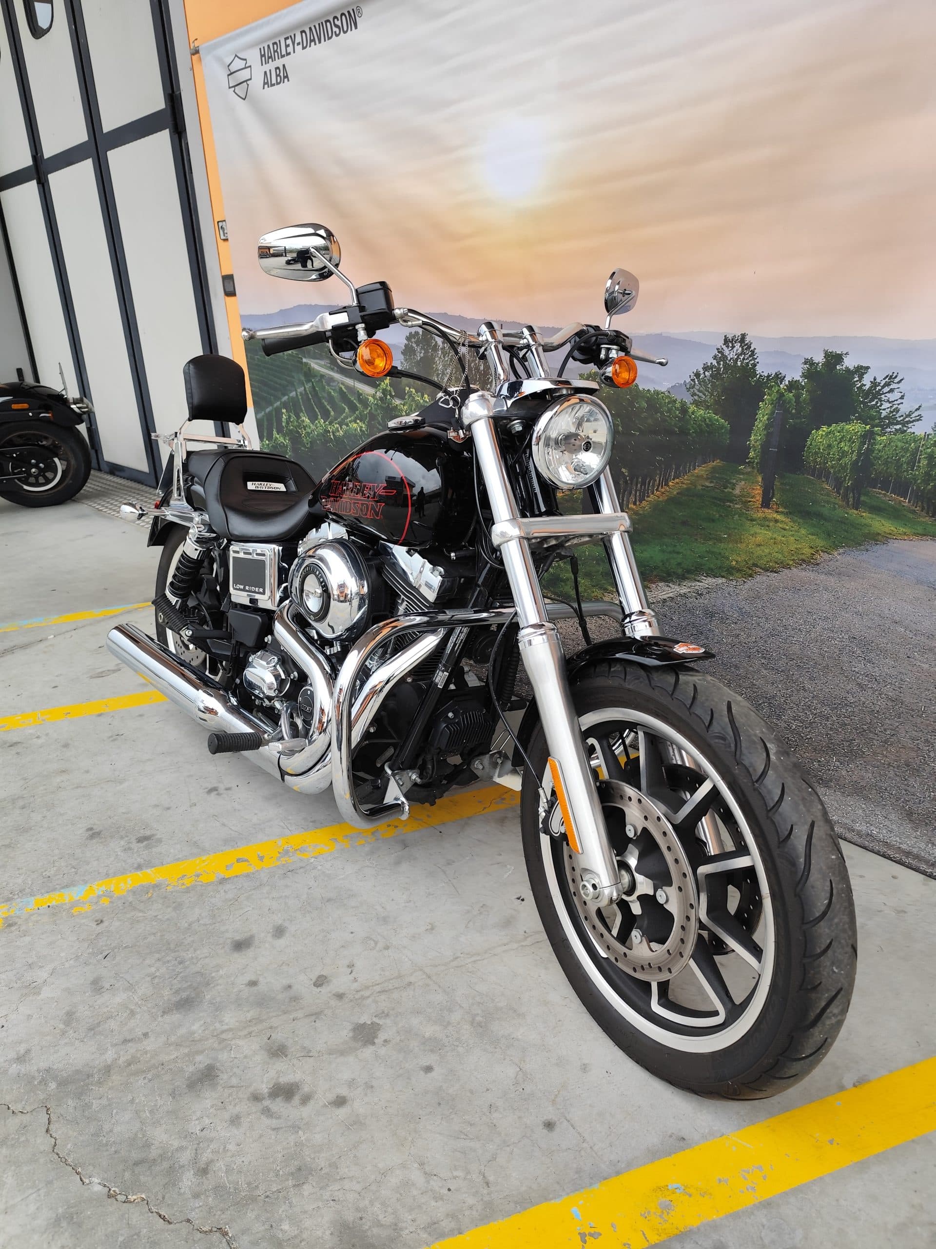 IMG_20260310_151559.jpg Harley-Davidson Low Rider nera con dettagli cromati, esposta davanti a un banner con logo Harley-Davidson Alba e paesaggio collinare.