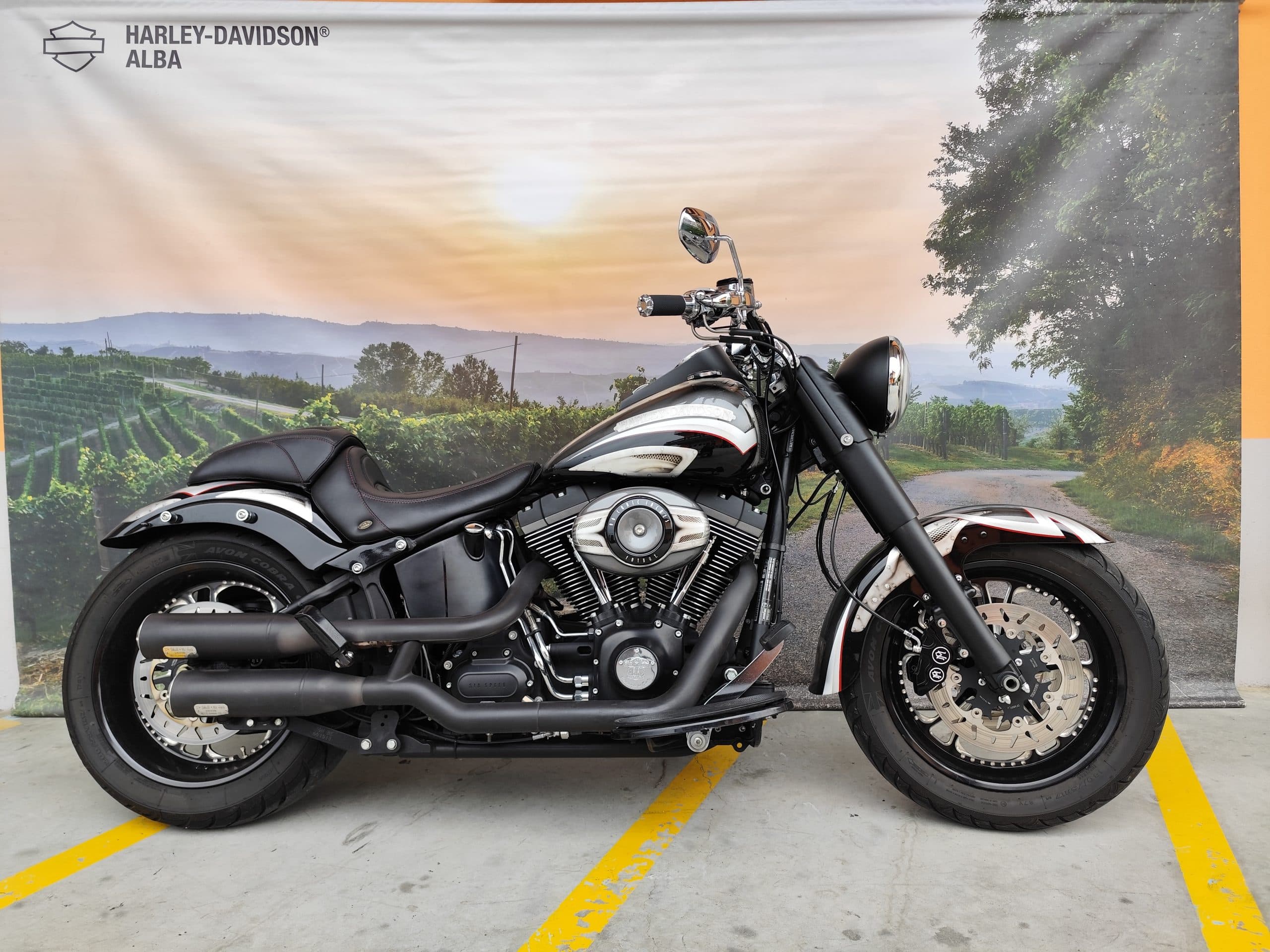IMG_20260310_152121-scaled Moto Harley-Davidson custom nera con dettagli cromati e motore V-twin, esposta davanti a un fondale panoramico di Alba con vigneti e logo.