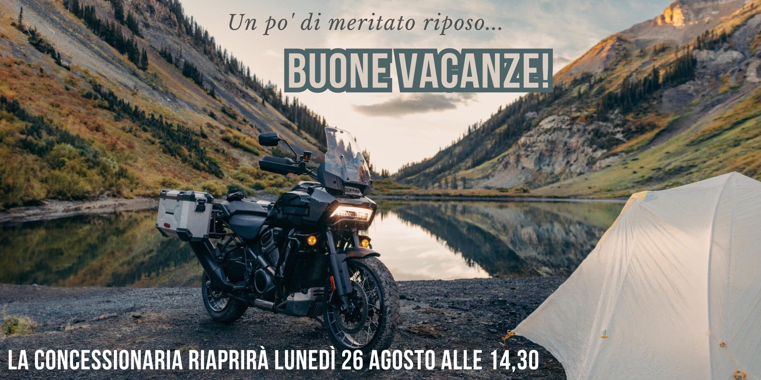 Lestate-si-avvicina-scaled Harley-Davidson Pan America in un paesaggio alpino con lago e tenda. Avviso chiusura estiva concessionaria, riapertura lunedì 26 agosto ore 14:30.