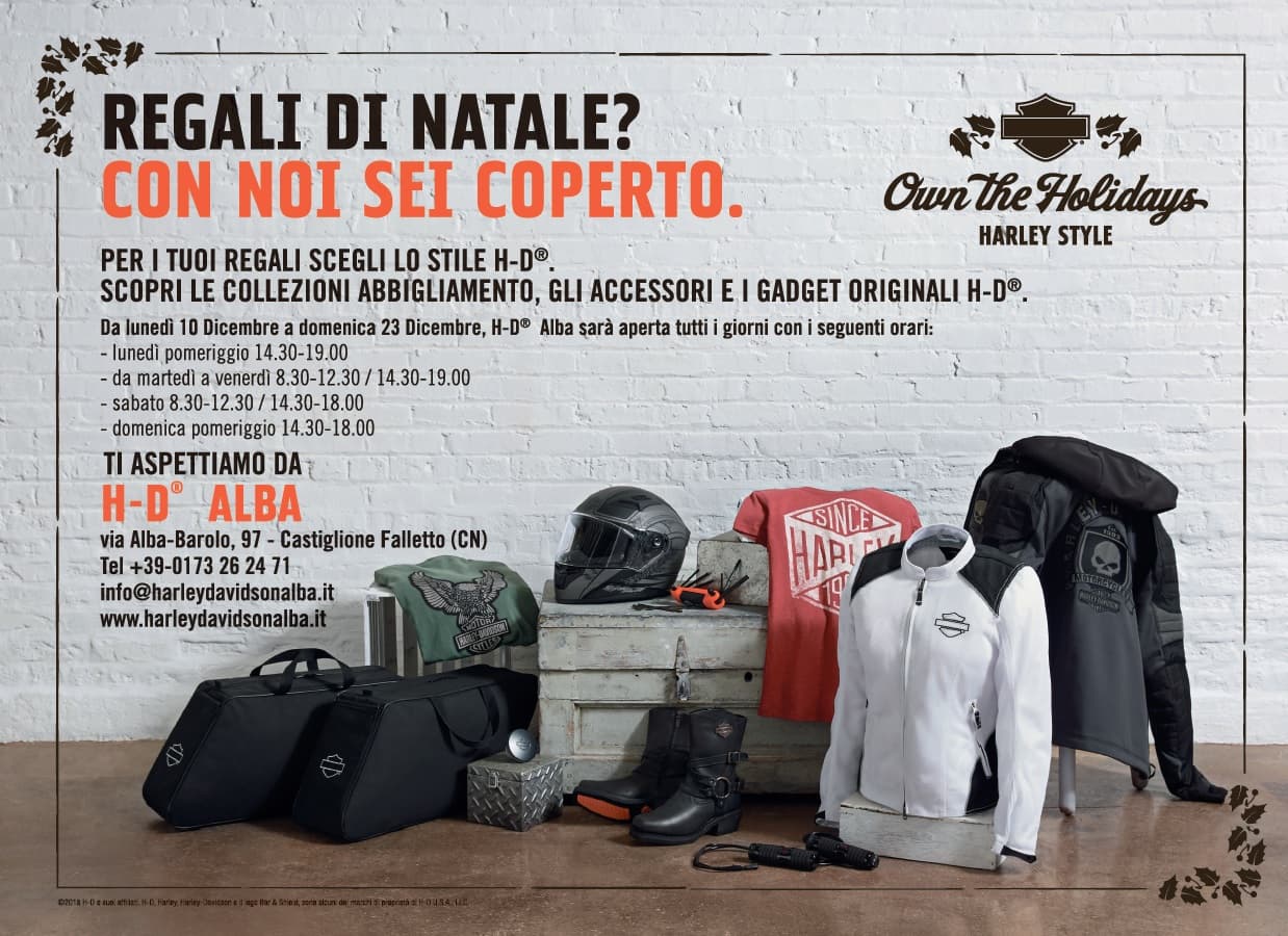 NATALE2018mezza Pubblicità Harley-Davidson Alba per regali di Natale: abbigliamento, accessori e gadget originali H-D. Dettagli orari e contatti.