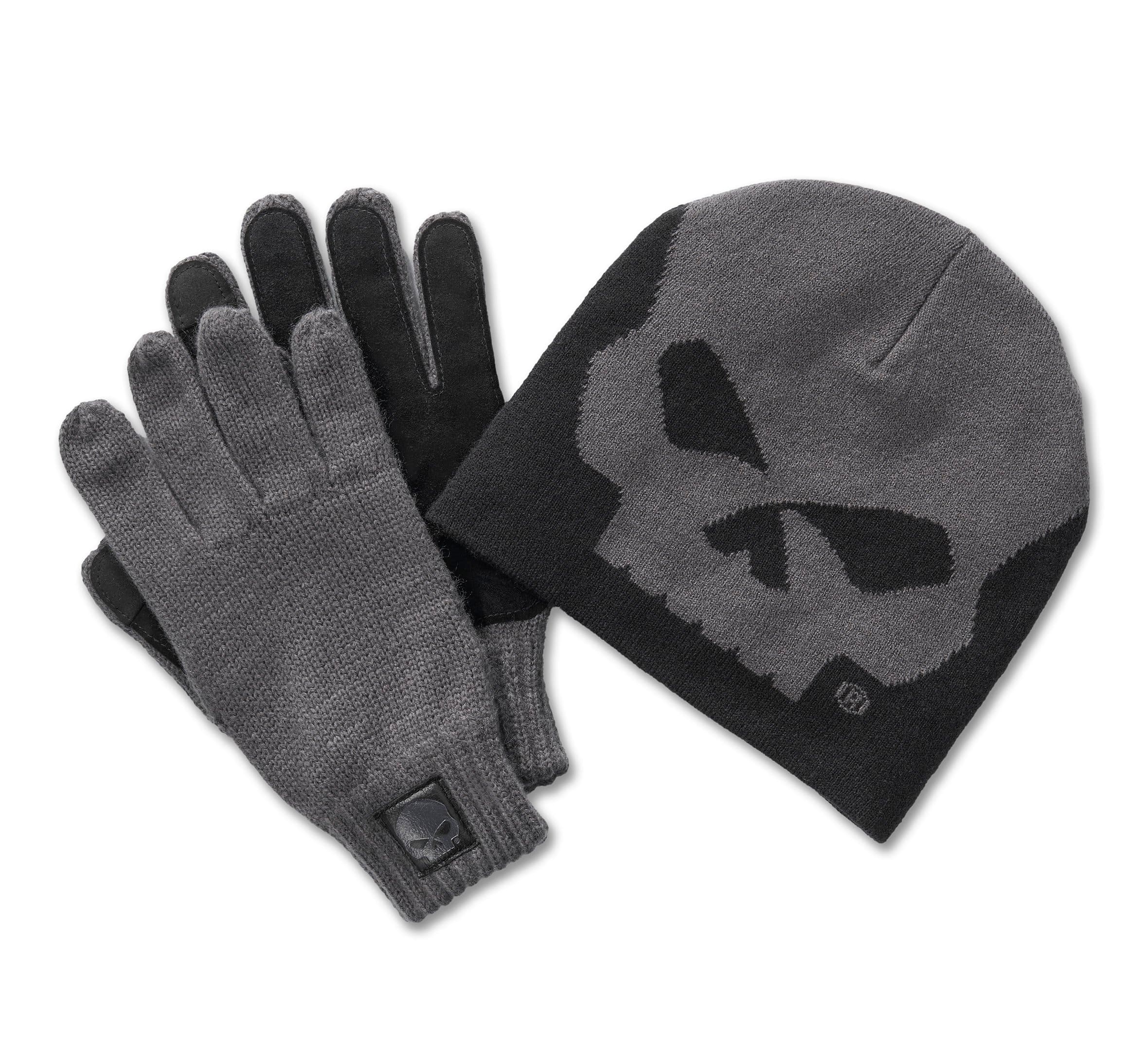 2024 Winter GM Tabletop Set abbigliamento Harley-Davidson: guanti in maglia grigi con patch teschio e berretto beanie grigio/nero con motivo teschio.