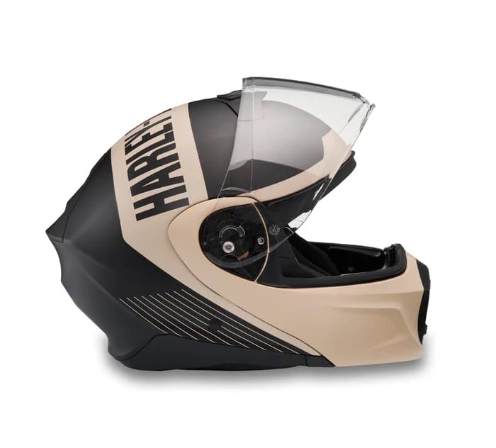 casco97115-25vx Casco modulare Harley-Davidson nero e sabbia, con visiera e mentoniera aperte, ideale per abbigliamento moto.
