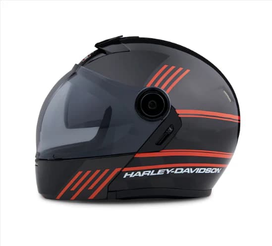 casco98170-20vx Casco moto Harley-Davidson nero opaco con grafiche arancioni a strisce e visiera fumé, parte dell'abbigliamento moto.