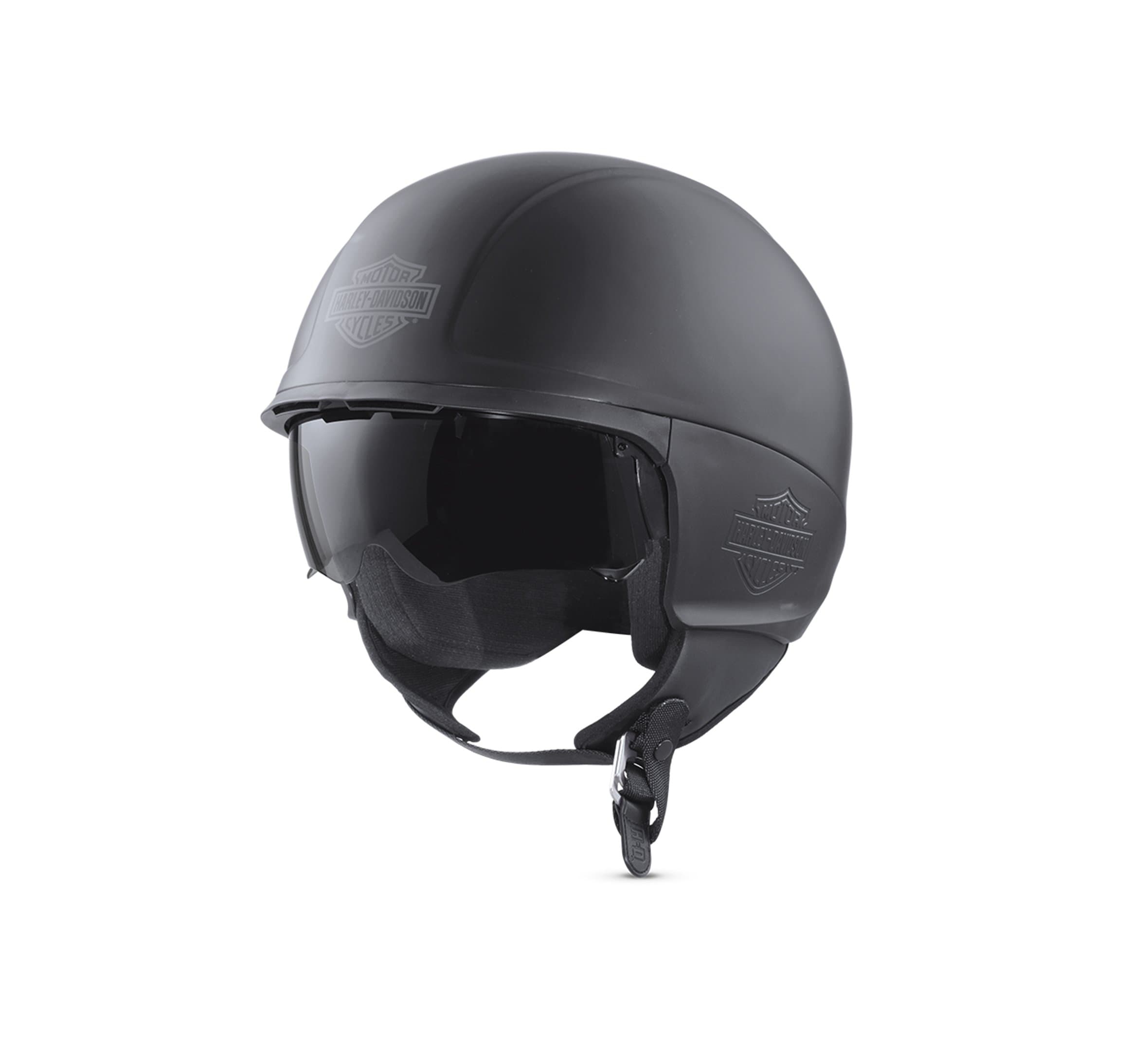 casco98344-17EX Casco jet Harley-Davidson nero opaco con visiera parasole integrata, logo Harley-Davidson in rilievo. Ideale per abbigliamento moto.