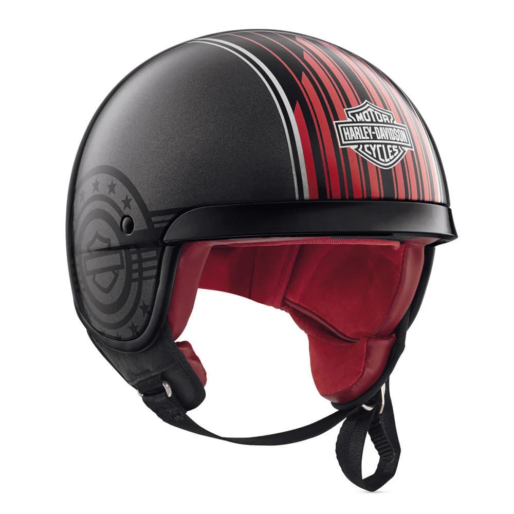 casco98351-19EX Casco moto Harley-Davidson nero opaco con strisce rosse e argento, logo scudo e bar, e interni rossi. Abbigliamento protettivo.