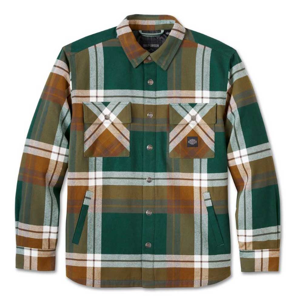 giacca96038-25vm Camicia-giacca Harley-Davidson a quadri verde, marrone e bianca, con tasche sul petto e scaldamani. Abbigliamento casual.