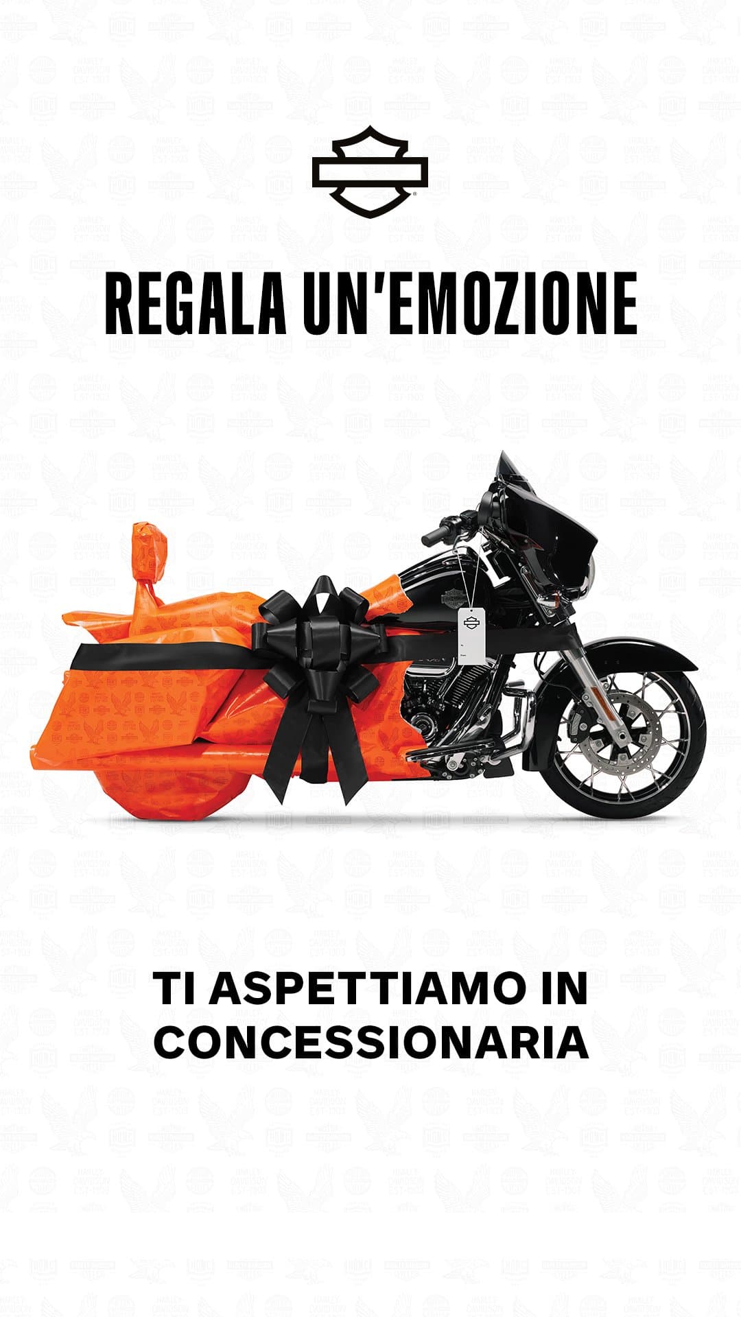 h-d_holiday_igs_1_1.jpg Harley-Davidson impacchettata con fiocco nero. Slogan 'REGALA UN'EMOZIONE'. Invito a visitare la concessionaria per moto e motori.