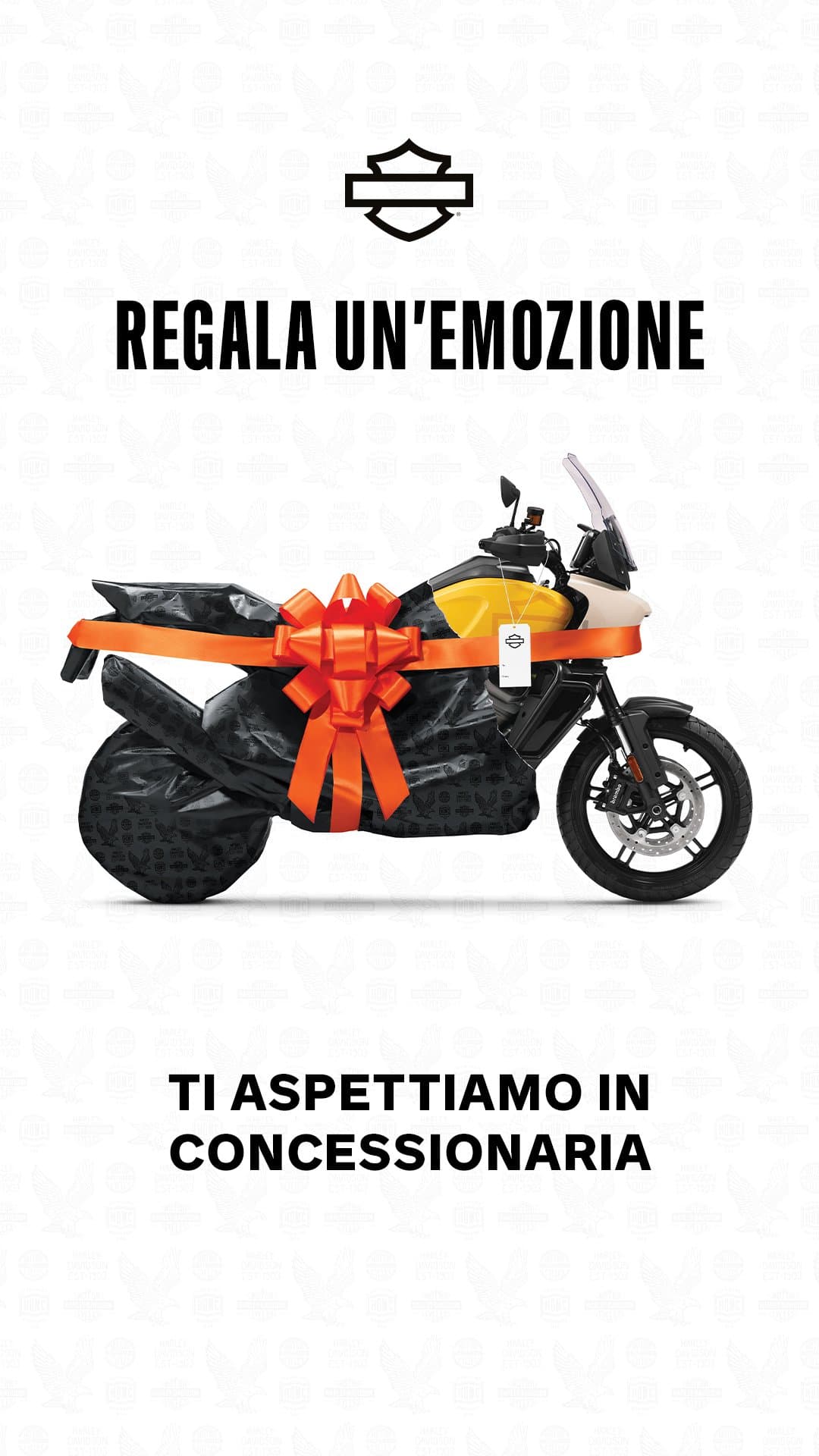 h-d_holiday_igs_1_2.jpg Harley-Davidson Pan America come regalo, avvolta in carta nera con fiocco arancione. Testi: 'REGALA UN'EMOZIONE', 'TI ASPETTIAMO IN CONCESSIONARIA'.