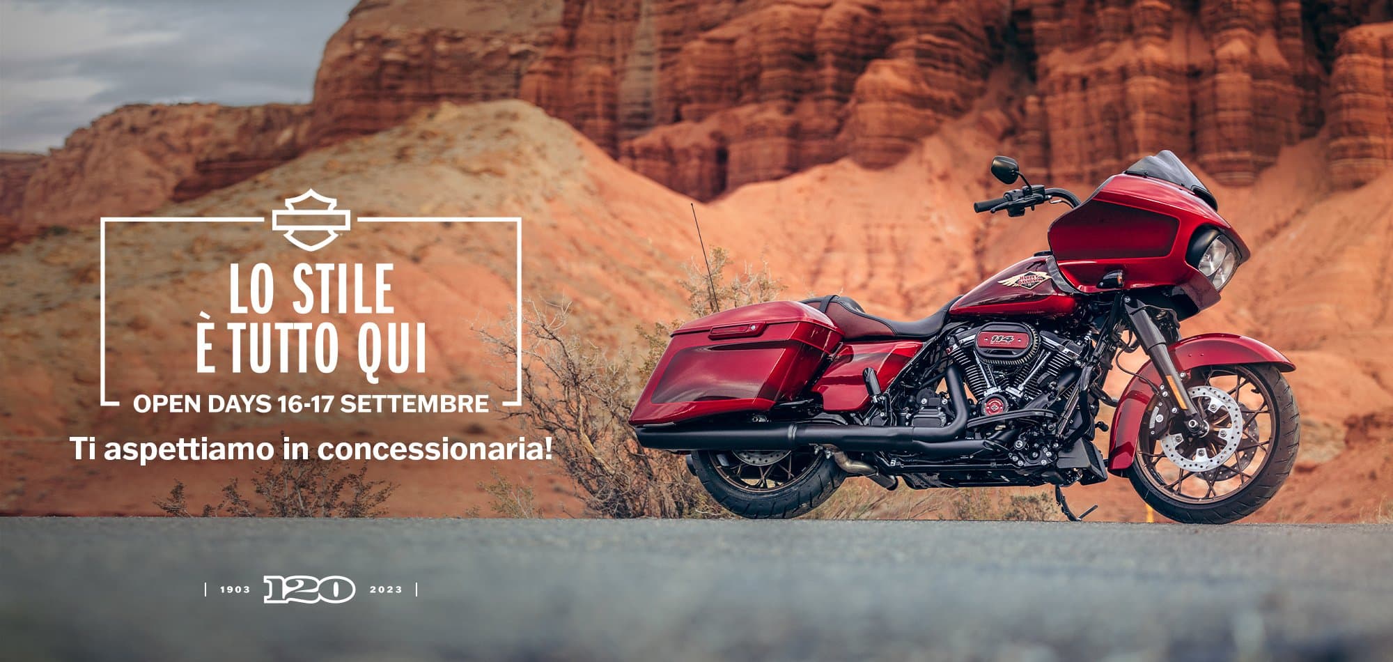 h-d_opendays_sett_banner_2000x950_1 Moto touring Harley-Davidson rossa in paesaggio roccioso. Annuncio Open Days 16-17 settembre: scopri lo stile in concessionaria.