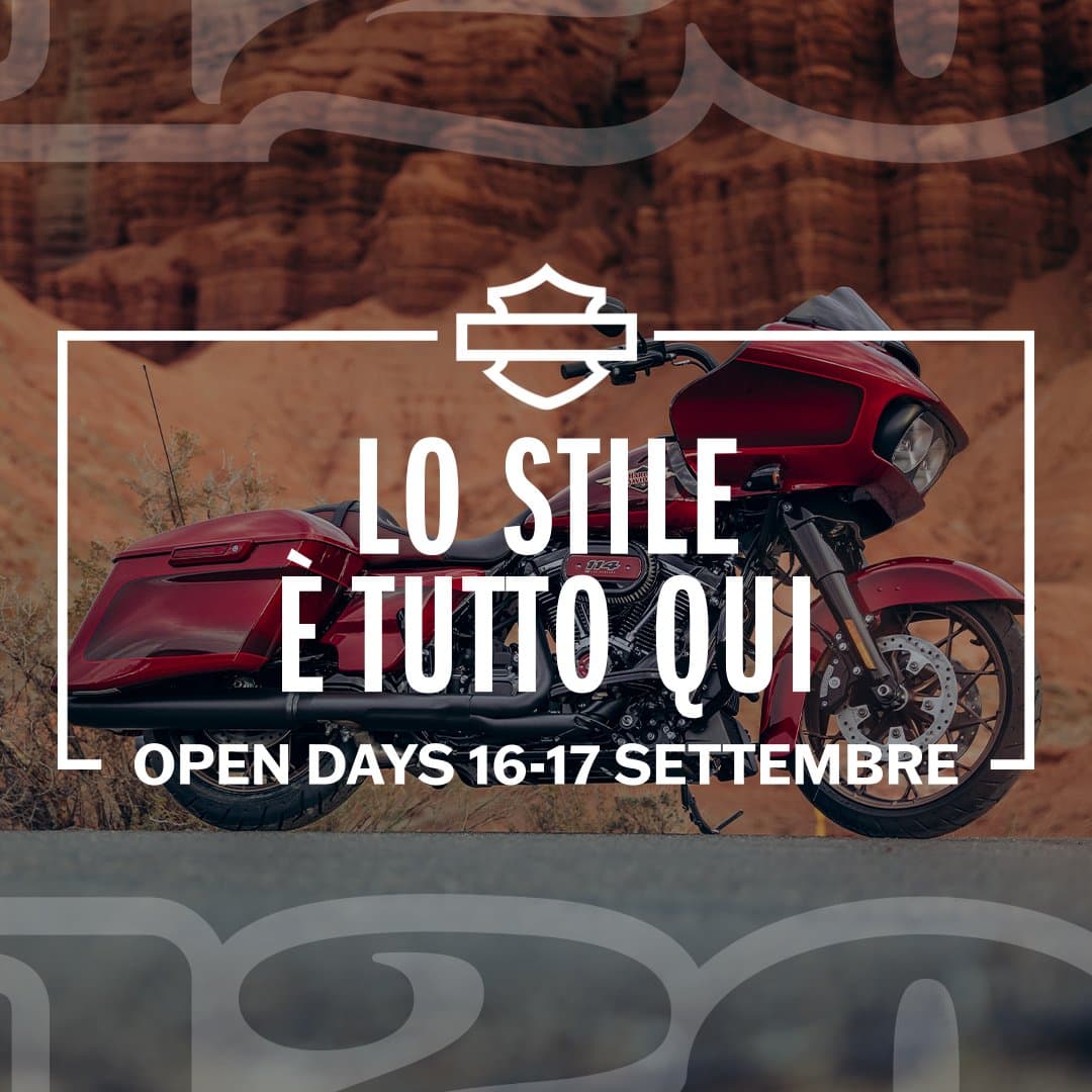 h-d_opendays_sett_linkad_2.jpg Moto Harley-Davidson rossa, modello touring, su strada. Annuncio Open Days 16-17 Settembre. Invito a scoprire lo stile e i motori Harley-Davidson.