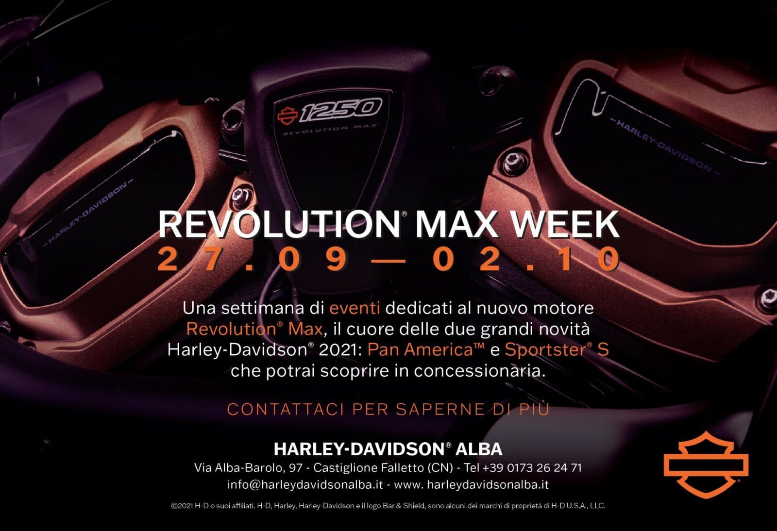 revolutionmax_week Dettaglio motore Harley-Davidson Revolution Max 1250 con annuncio Revolution Max Week (27.09-02.10) per Pan America