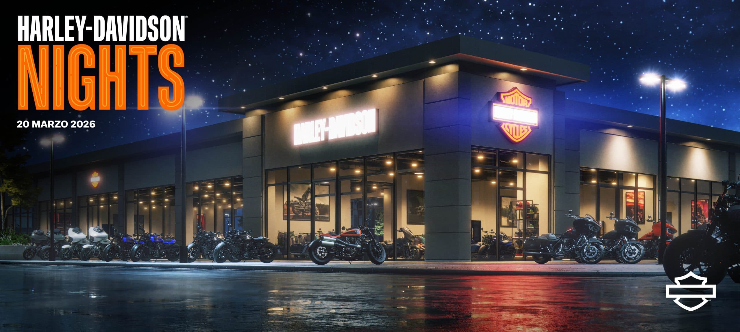 web-banner-mobile-and-desktop-3-scaled Concessionaria Harley-Davidson di notte con moto in esposizione esterna. Annuncio evento 'NIGHTS' il 20 marzo 2026. Cielo stellato e asfalto riflettente.