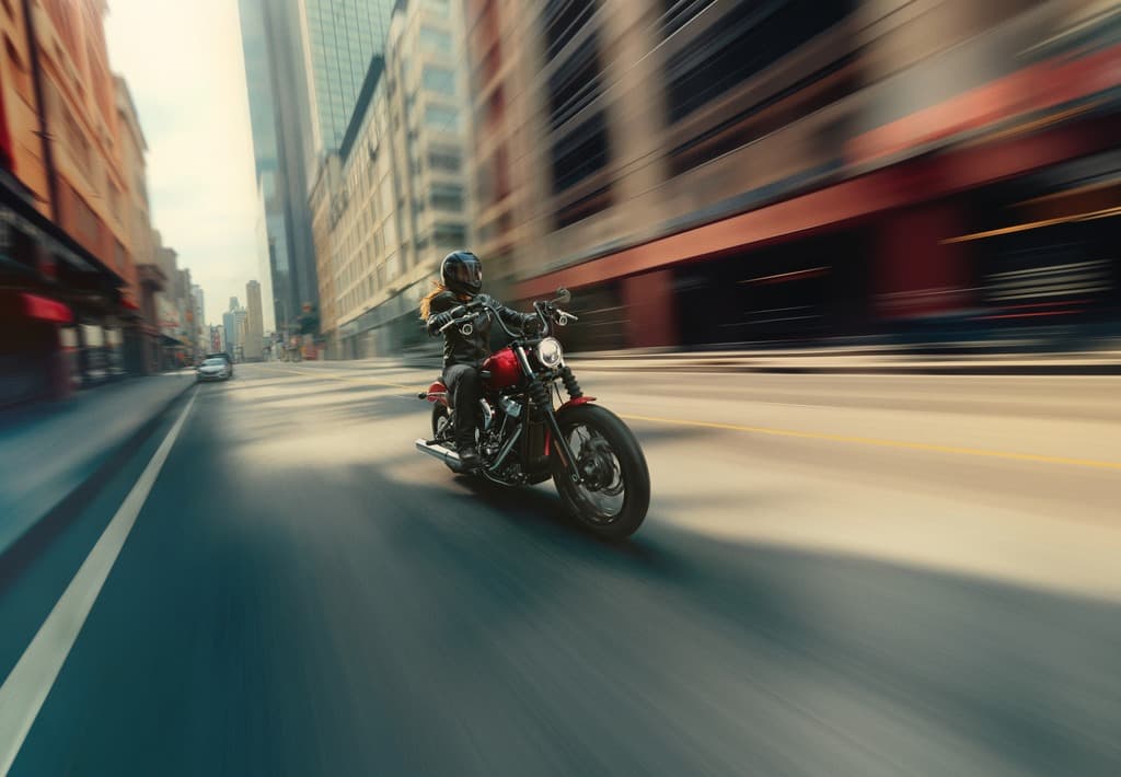 Harley-Davidson in città: test ride dinamico. Motociclista con casco e giacca in pelle su moto rossa in movimento su strada urbana, con sfondo sfocato per effetto velocità.