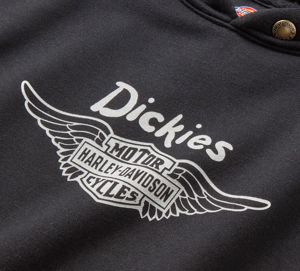 Abbigli Felpa nera con stampa bianca del logo collaborativo Dickies e Harley-Davidson, con scudo alato