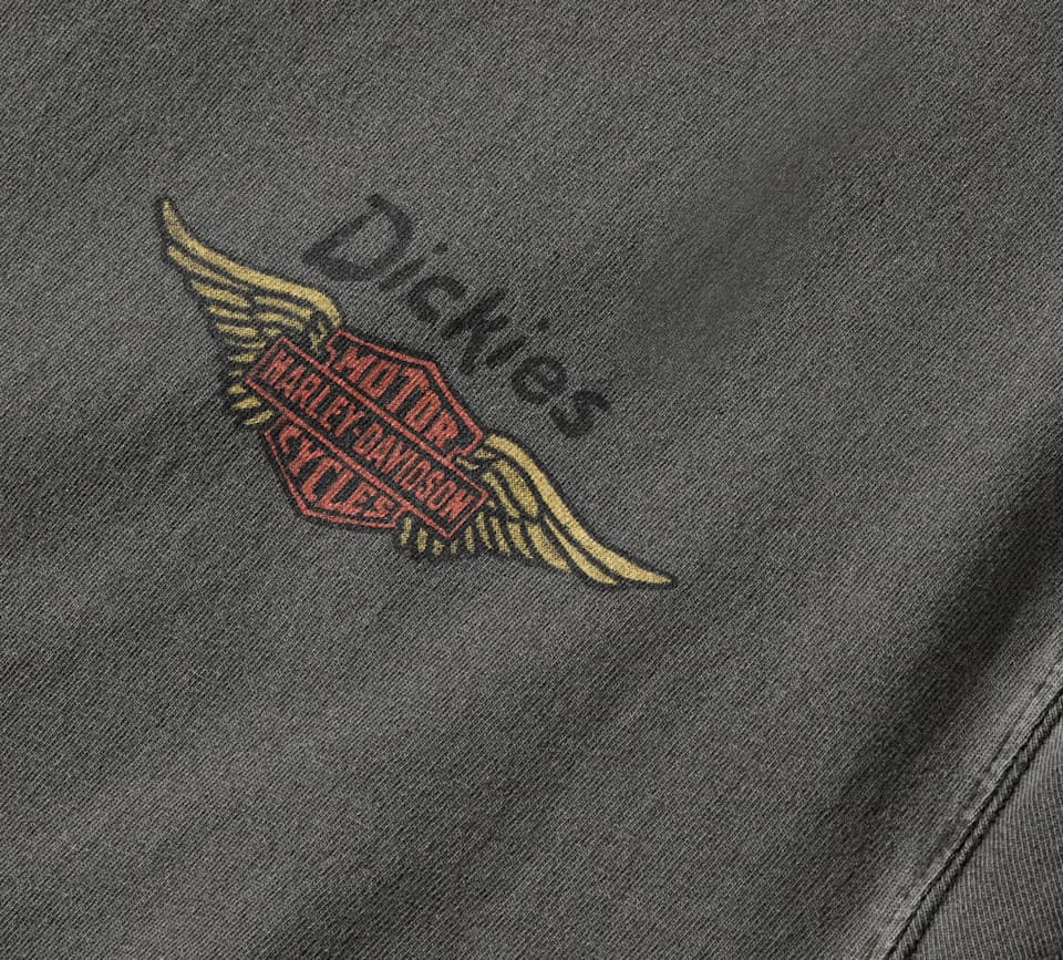Abbigliamento Harley-Davidson e Dickies: stile vintage. Dettaglio di tessuto grigio scuro con stampa vintage del logo Dickies e del logo alato Harley-Davidson Motor Cycles. Abbigliamento.