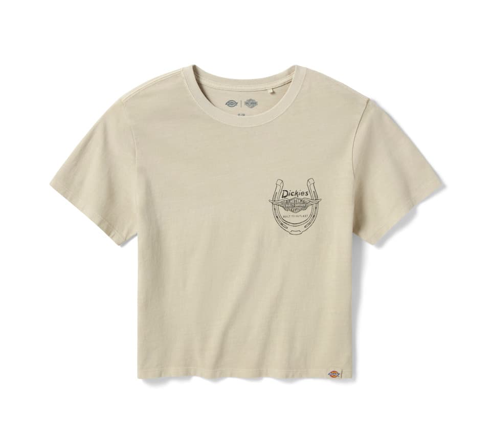 T-shirt Dickies x Harley-Davidson con stampa ferro di cavallo T-shirt a maniche corte beige chiaro Dickies x Harley-Davidson con stampa grafica sul petto raffigurante un ferro di cavallo e i loghi dei due marchi.