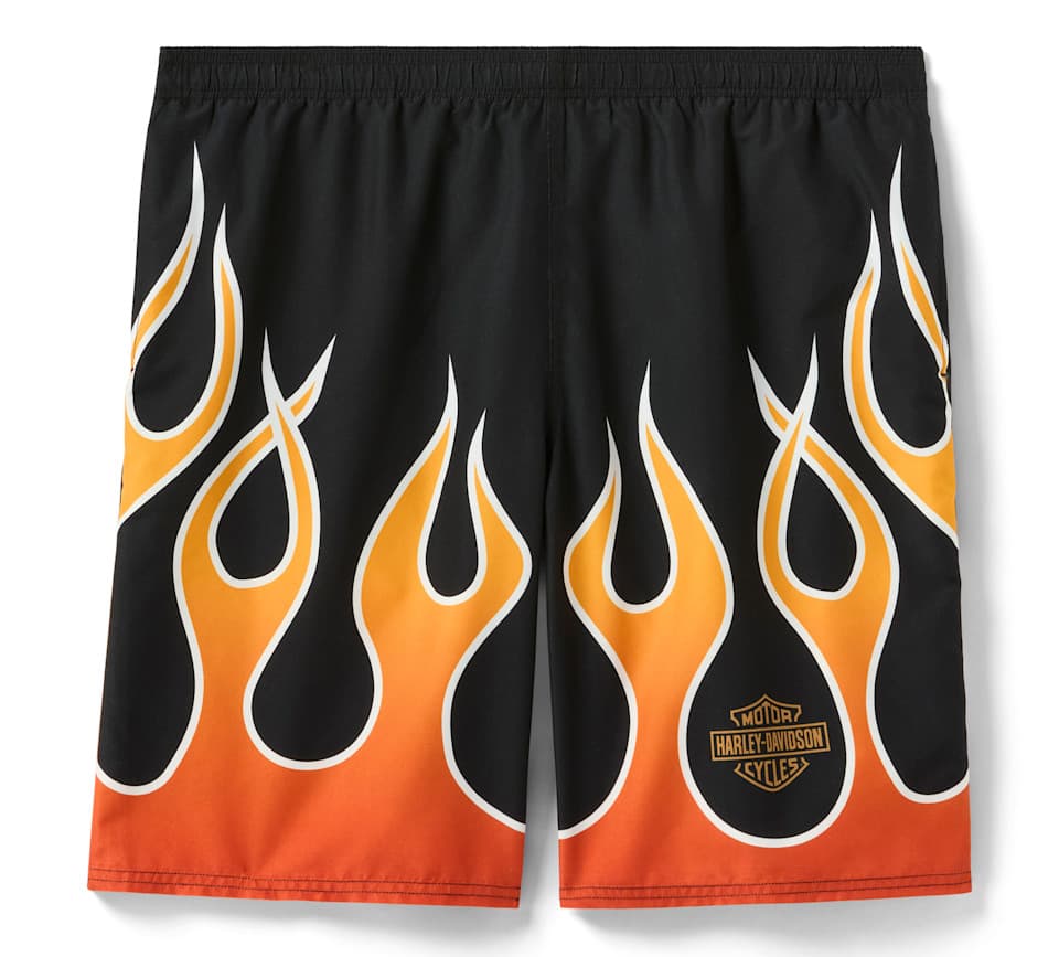 Pantaloncini Harley-Davidson con stampa fiamme Pantaloncini neri con stampa fiamme arancioni e gialle, bordate di bianco, che salgono dalla parte inferiore. Il logo Harley-Davidson è visibile sulla gamba destra. Vita elasticizzata.